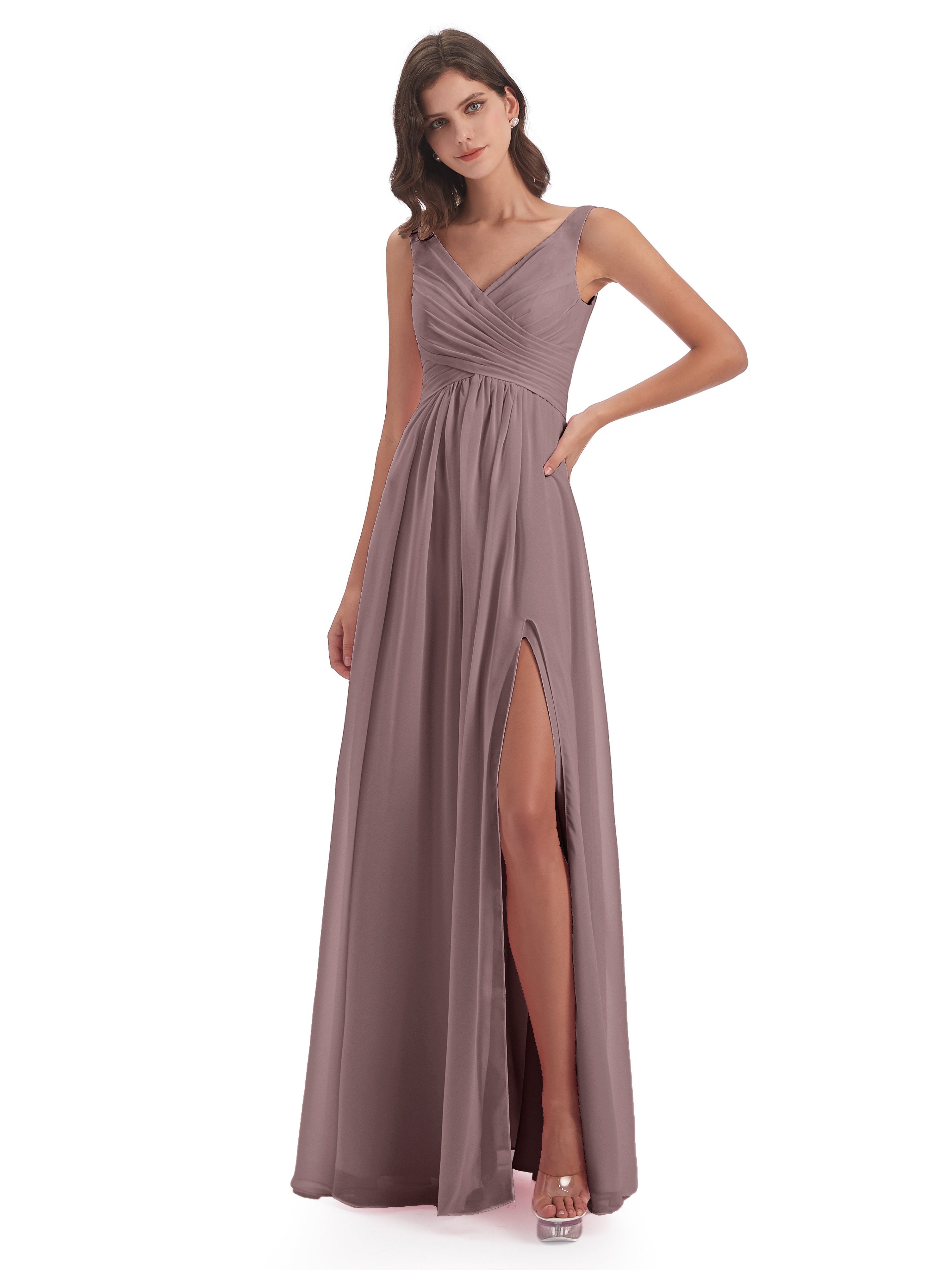 Vintage Mauve Bridesmaid Dress Chiffon Column Long Bridesmaid Dresses