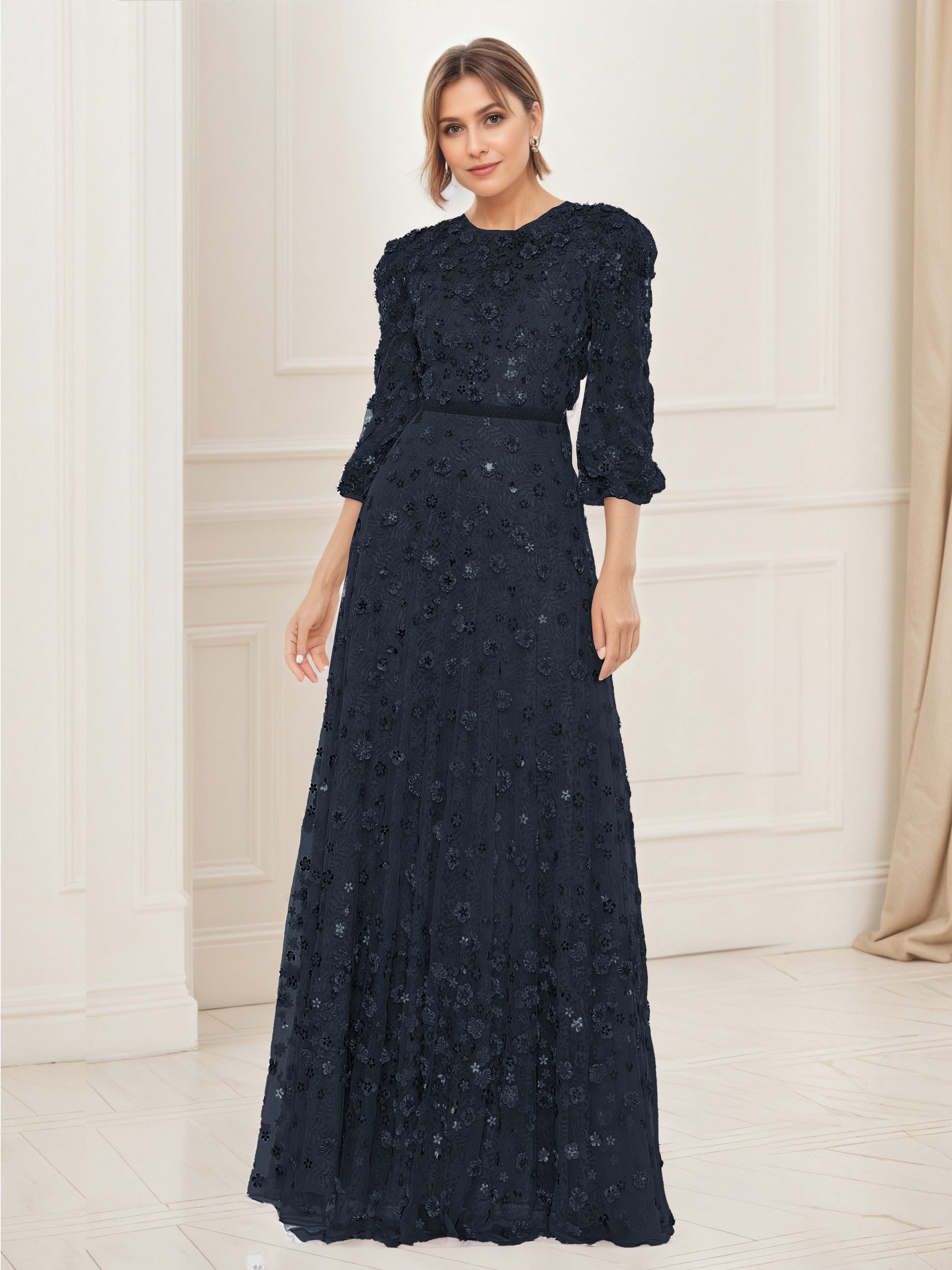 Black Prom Dresses Women's Dress Floral Appliques 3/4 Sleeve A-Line Pr Black Prom Dresses Women's Dress Floral Appliques 3/4 Sleeve A-Line Pr