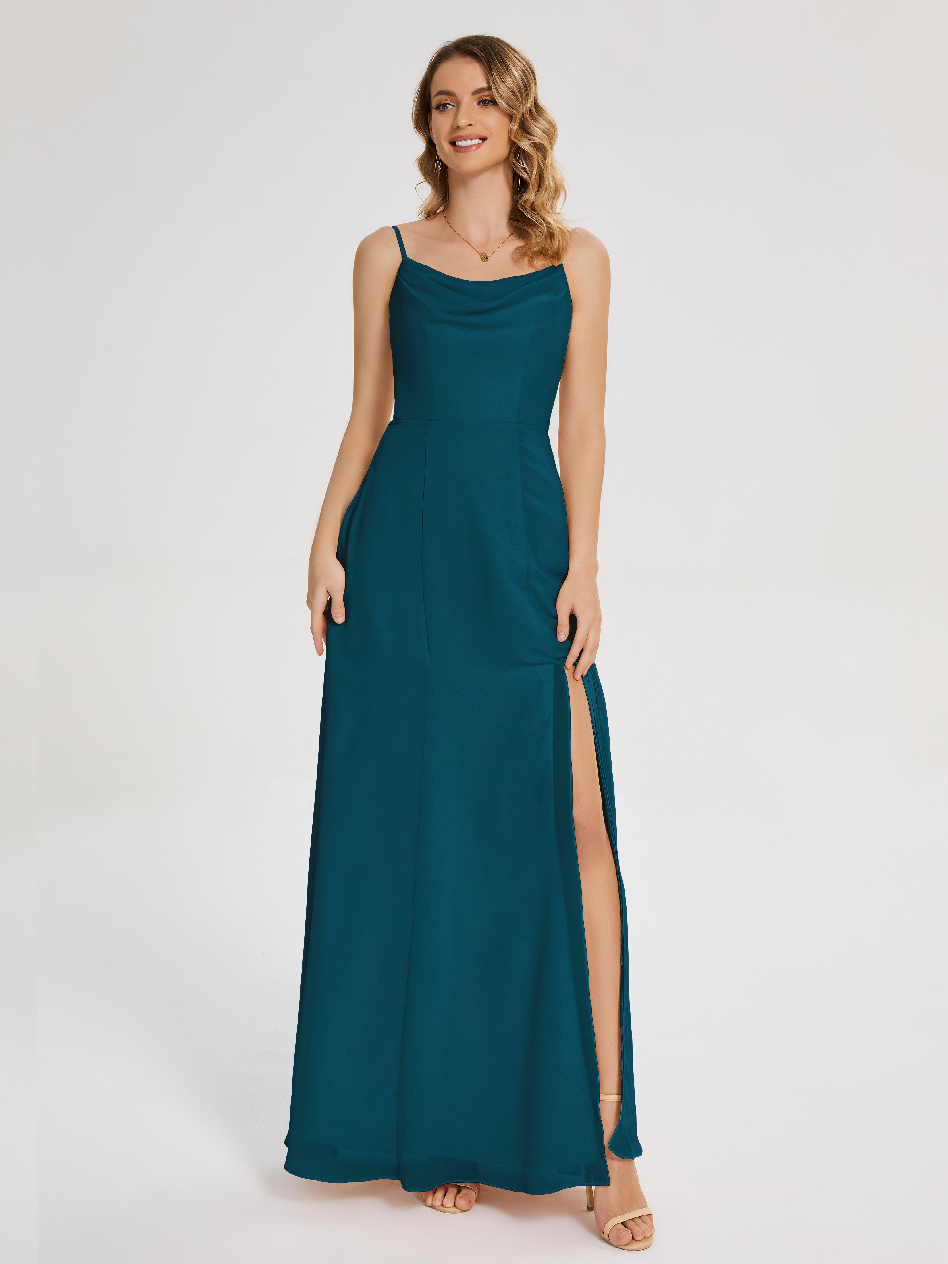 Ink Blue Bridesmaid Dress Blake Cowl Split Chiffon Bridesmaid Dresses