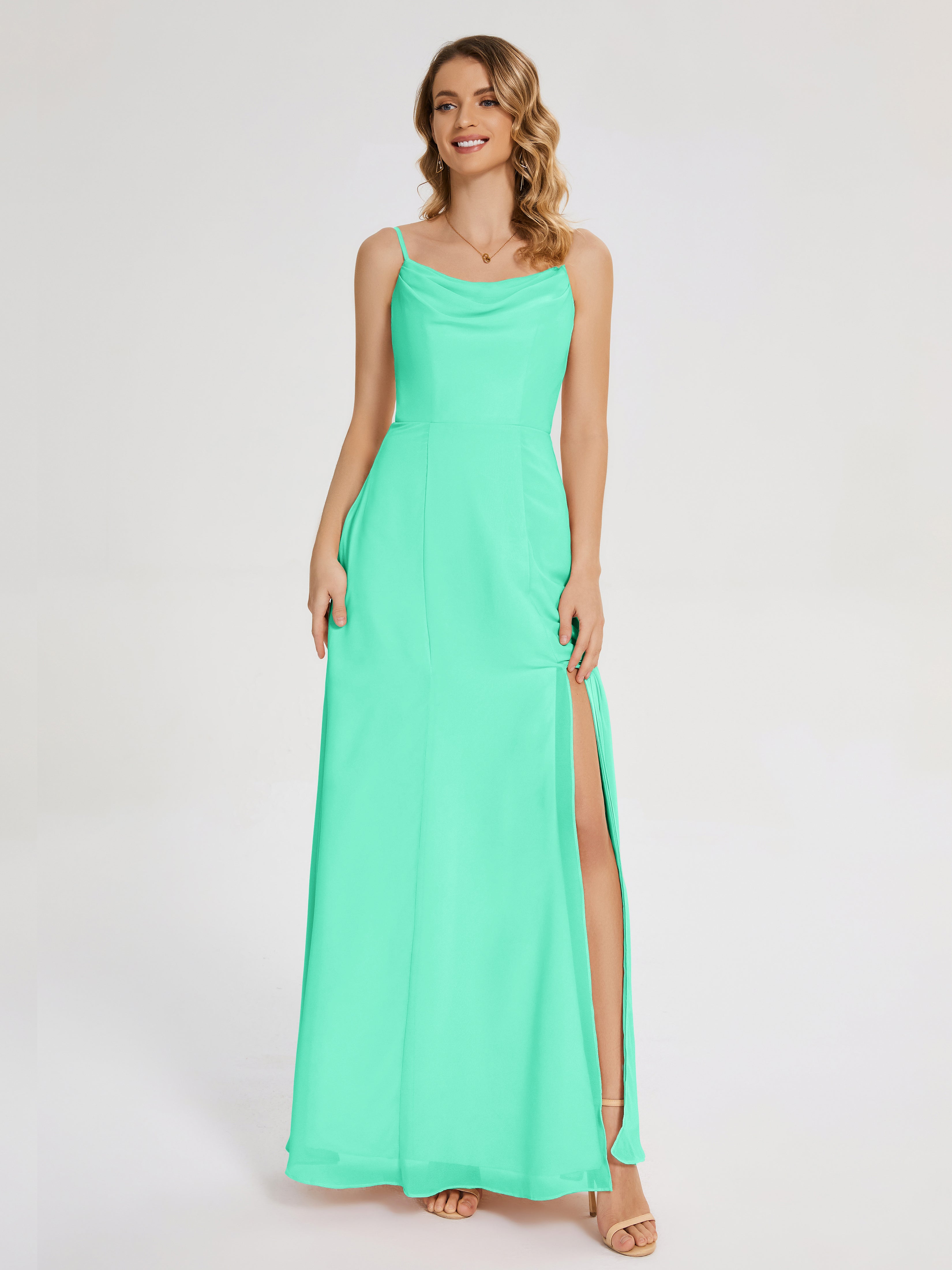 Bridesmaid Dresses Turquoise Blake Cowl Split Chiffon Bridesmaid Dresses