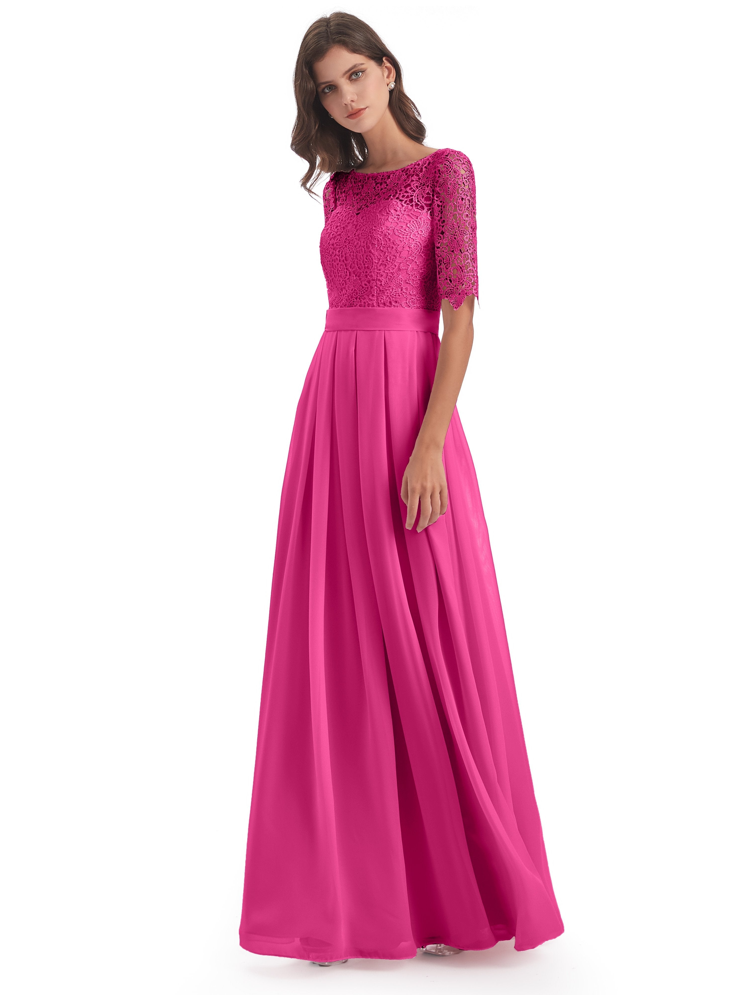 Azalea Bridesmaids Impressive Lace Half Sleeves Chiffon Long Bridesmai