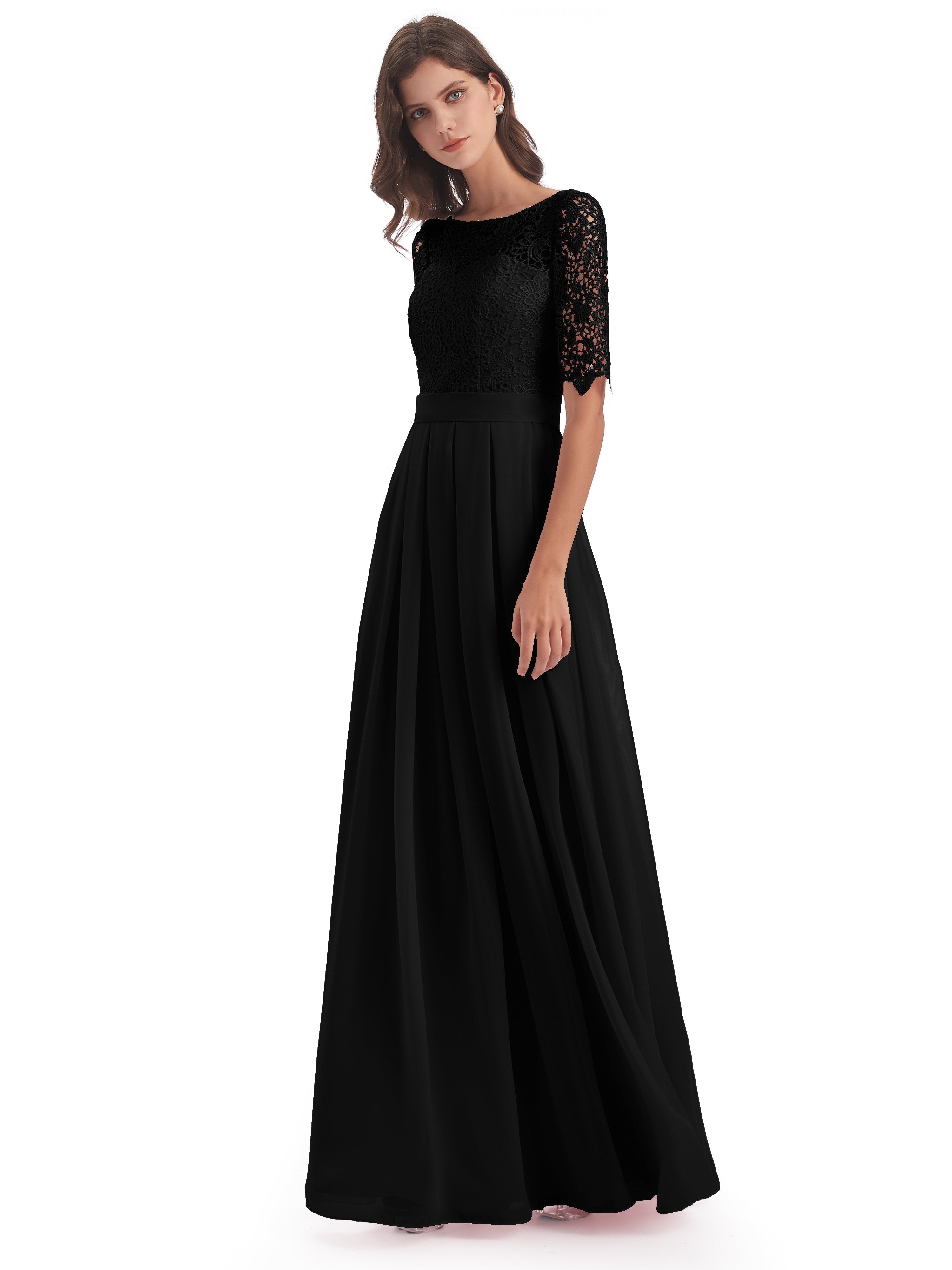 Black Floor Length Bridesmaid Dress Impressive Lace Half Sleeves Chiff