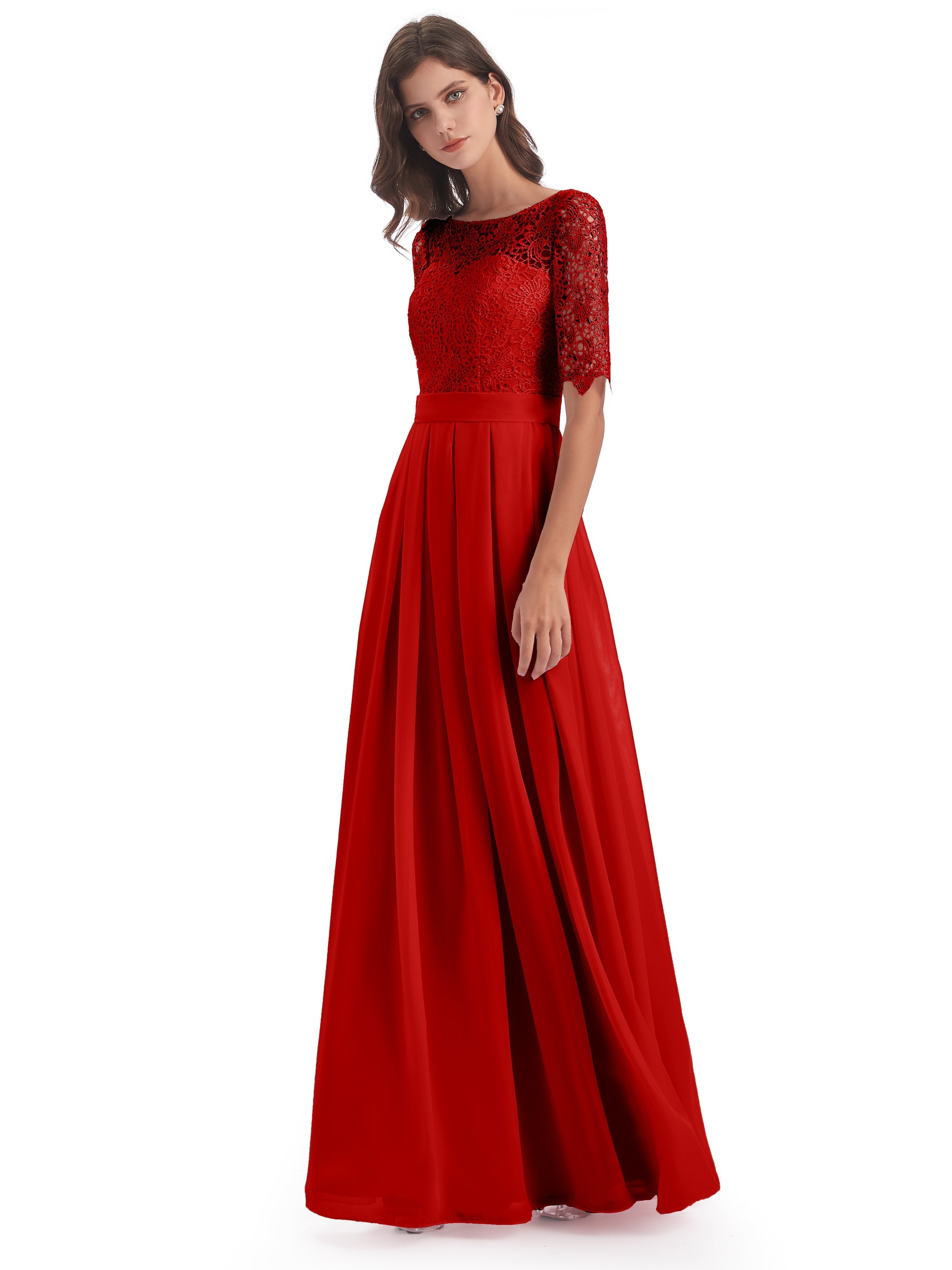Red Bridesmaid Dresses With Sleeves Brielle Impressive Lace Half Sleev