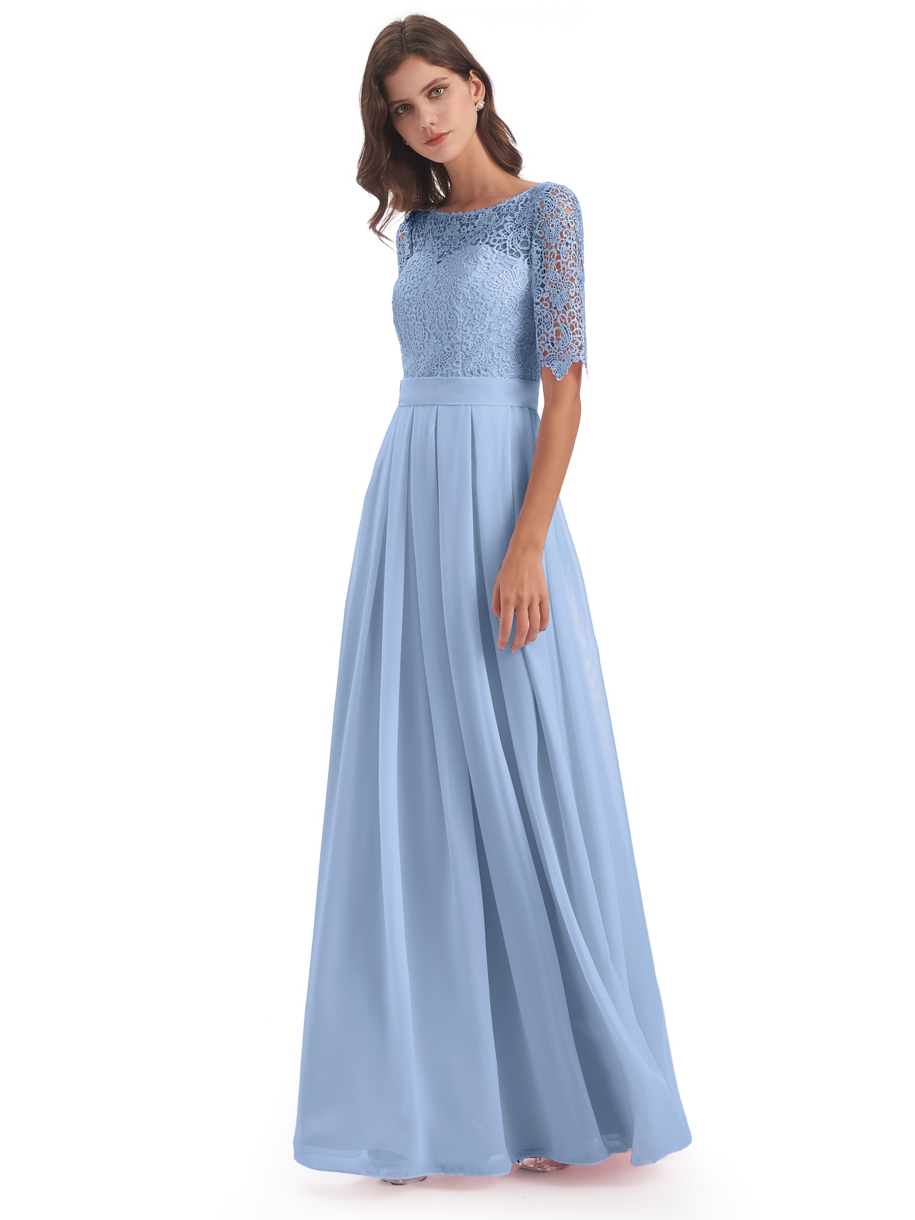 Bridesmaid Dresses Sky Blue Brielle Impressive Lace Half Sleeves Chiff