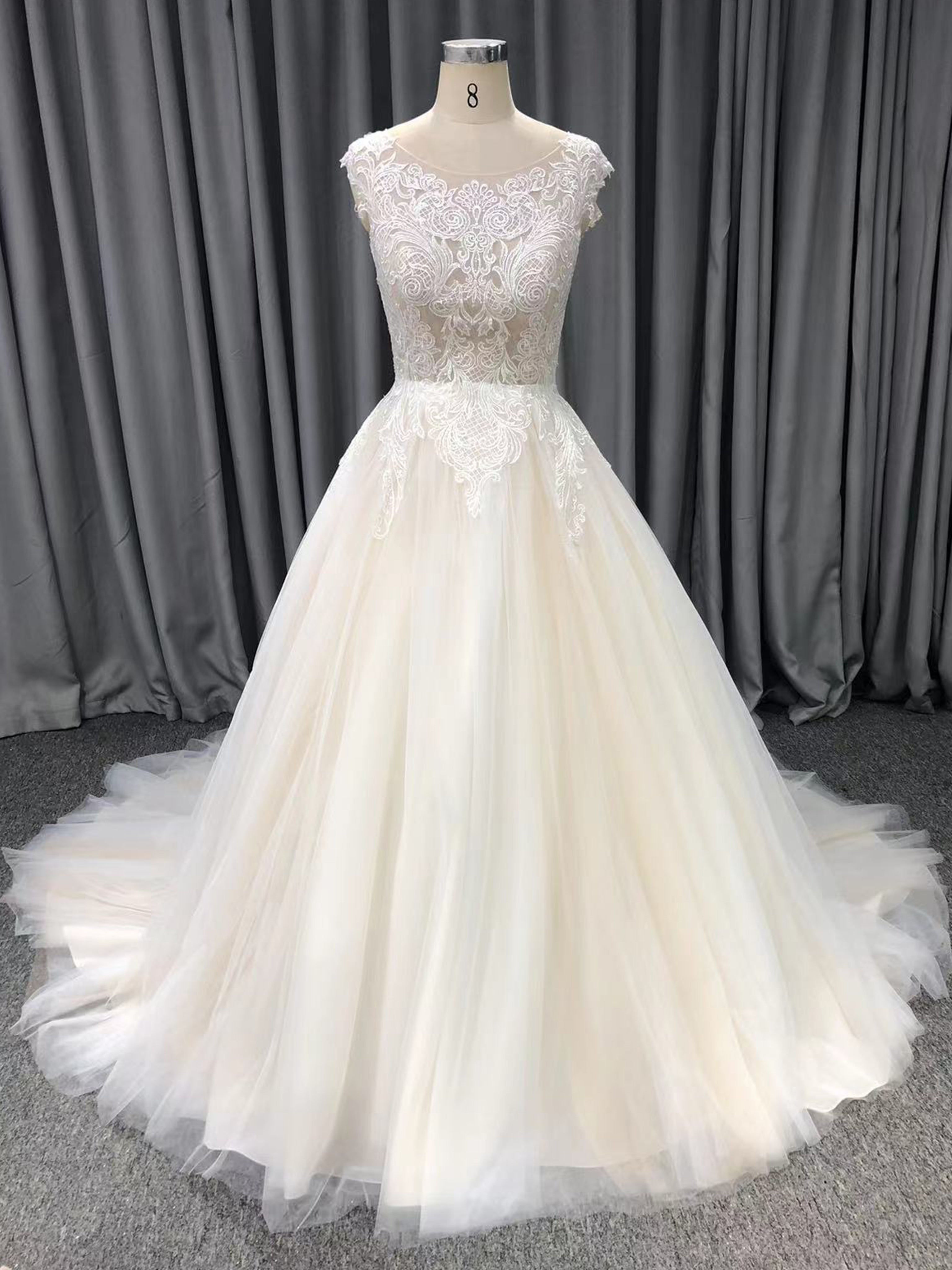 A-Line Appliques Round Neck Court Train Lace Wedding Dresses A-Line Appliques Round Neck Court Train Lace Wedding Dresses