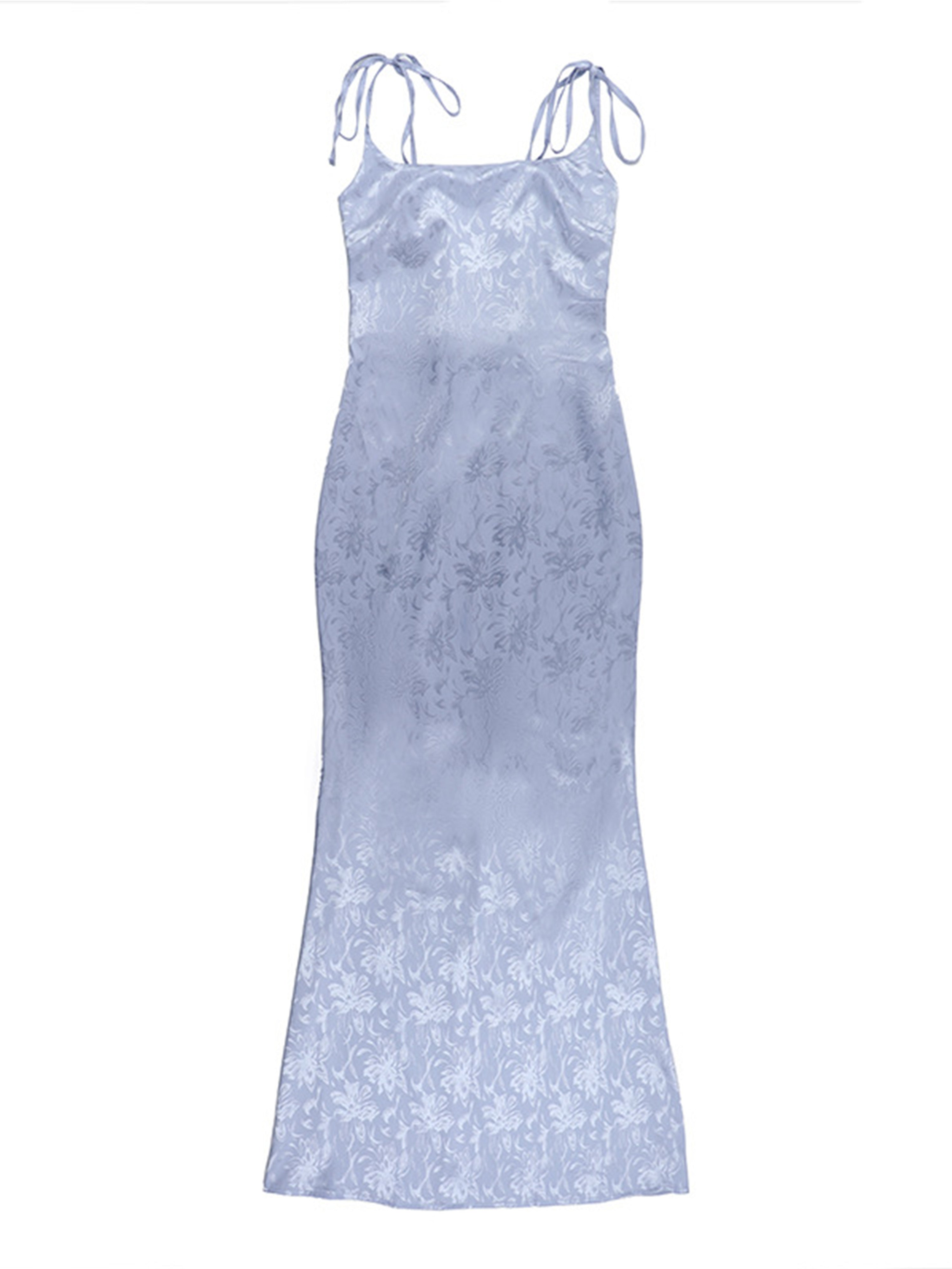 Square Neckline Spaghetti Straps Sky Blue Printed Sheath Wedding Guest Dress