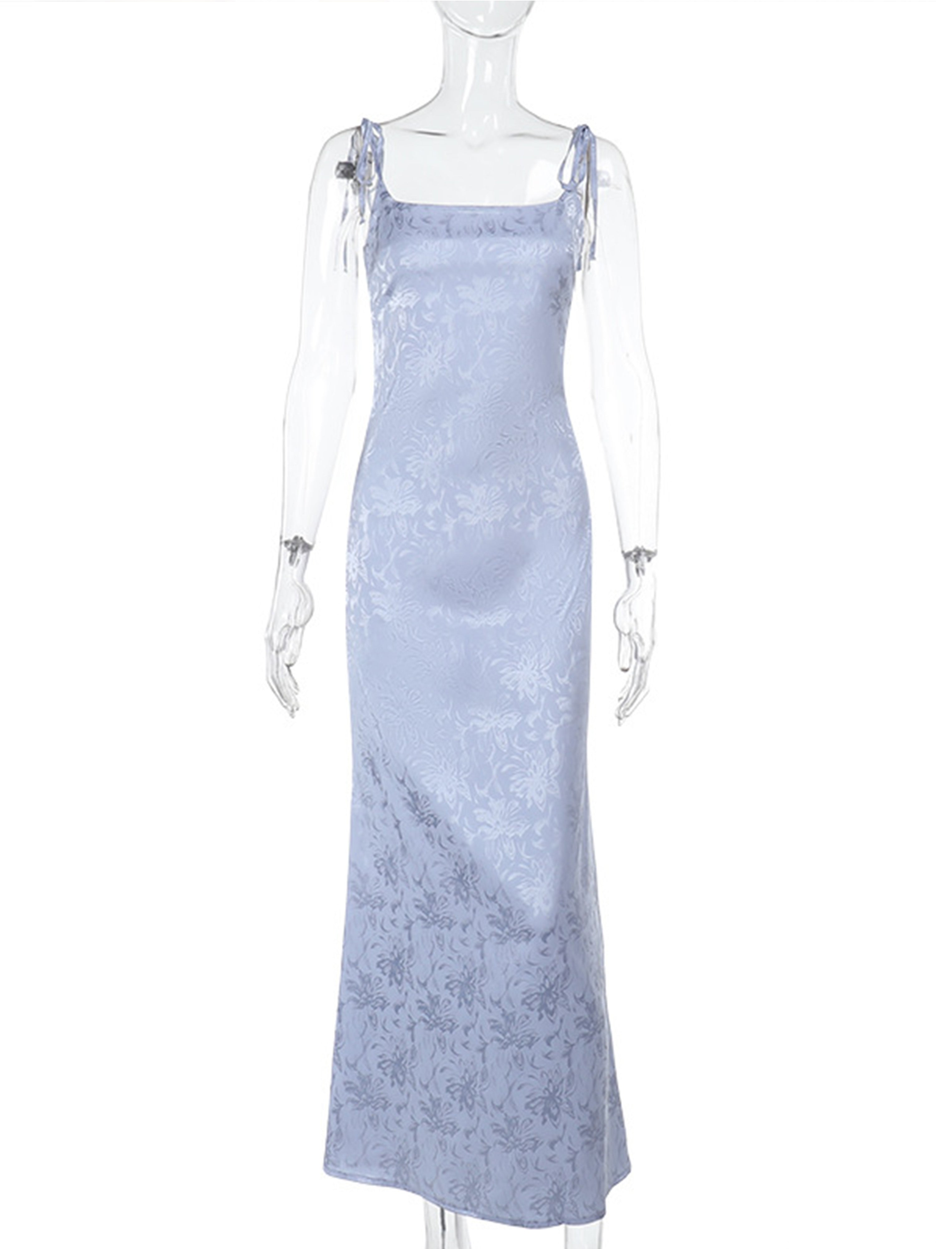 Square Neckline Spaghetti Straps Sky Blue Printed Sheath Wedding Guest Dress