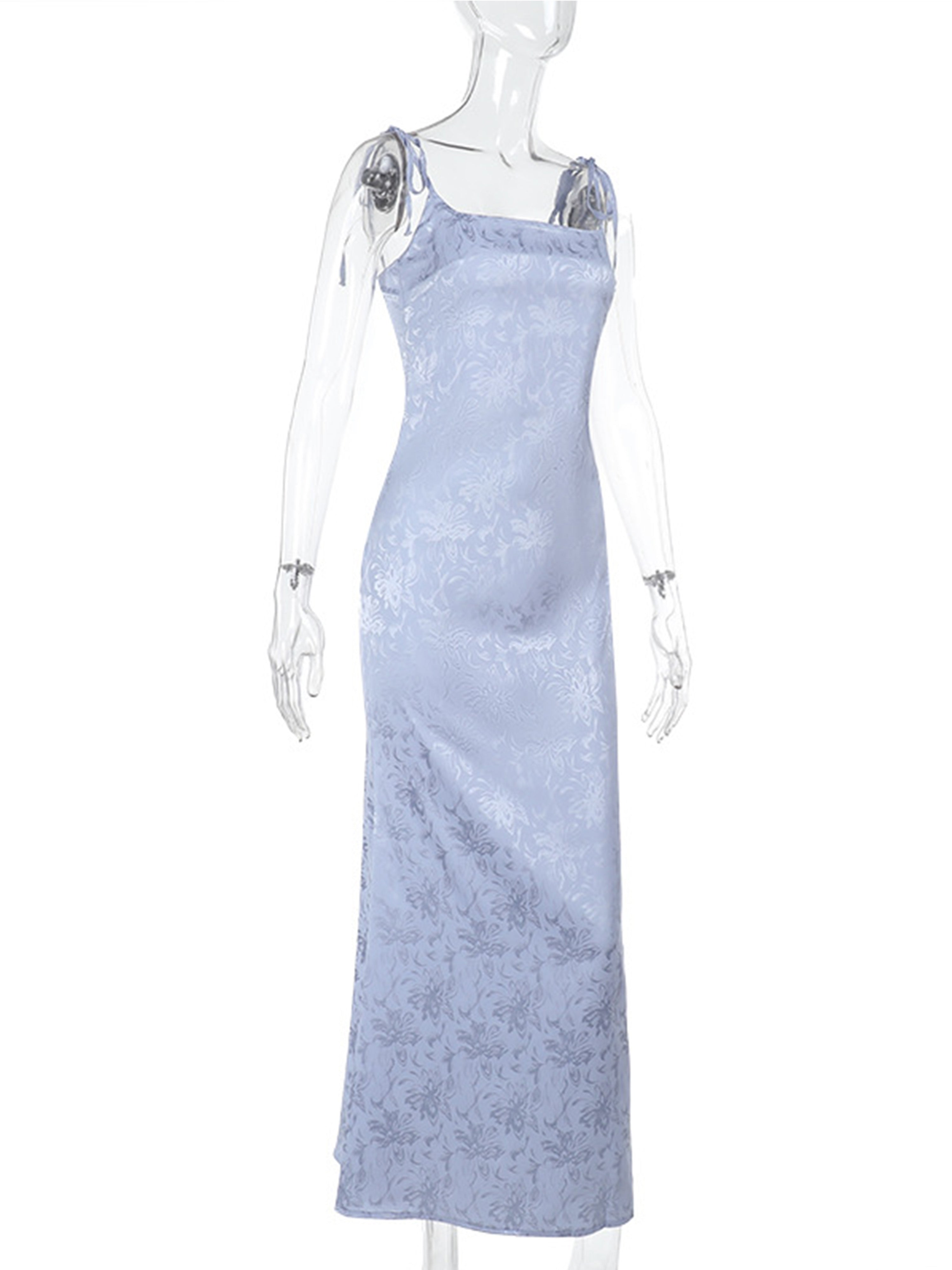 Square Neckline Spaghetti Straps Sky Blue Printed Sheath Wedding Guest Dress