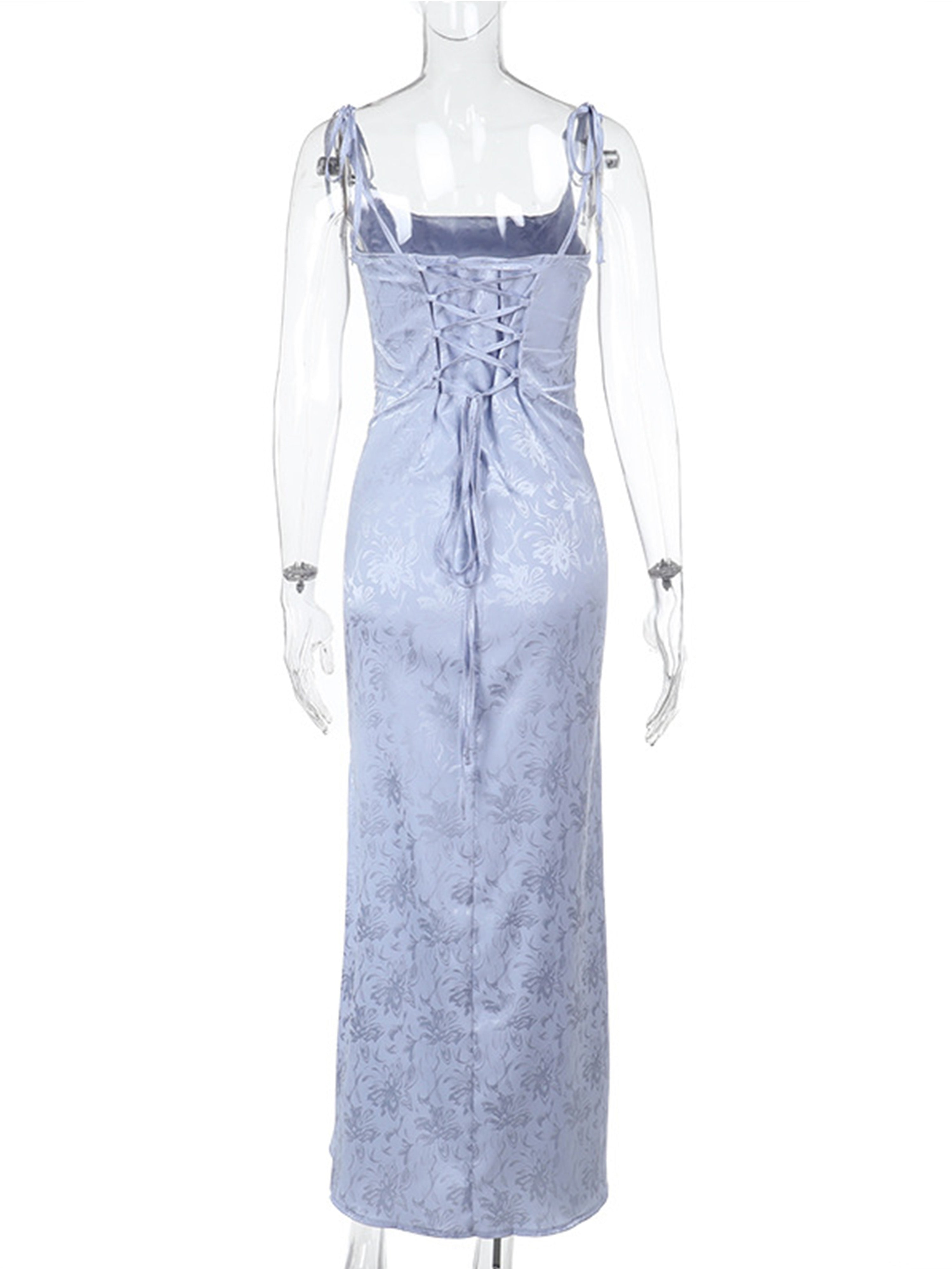 Square Neckline Spaghetti Straps Sky Blue Printed Sheath Wedding Guest Dress