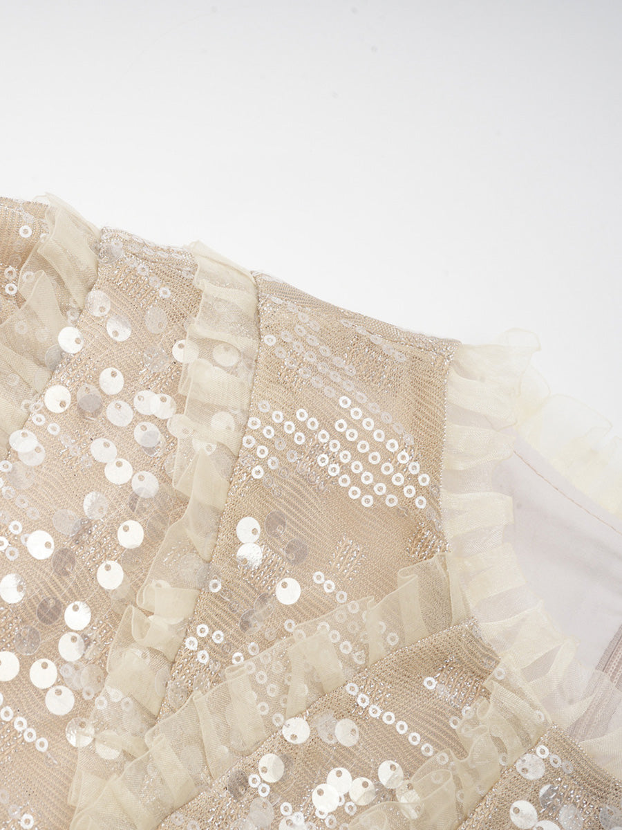 Cicinia A-Line Champagne Prom Dress Long Sleeves Sequin Elegant Evening Gown