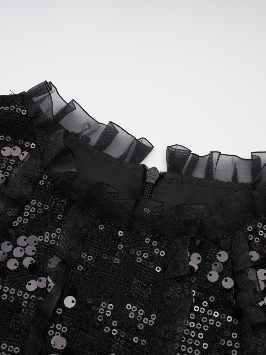 Cicinia A-Line Black Prom Dress Long Sleeves Sequin Elegant Evening Gown