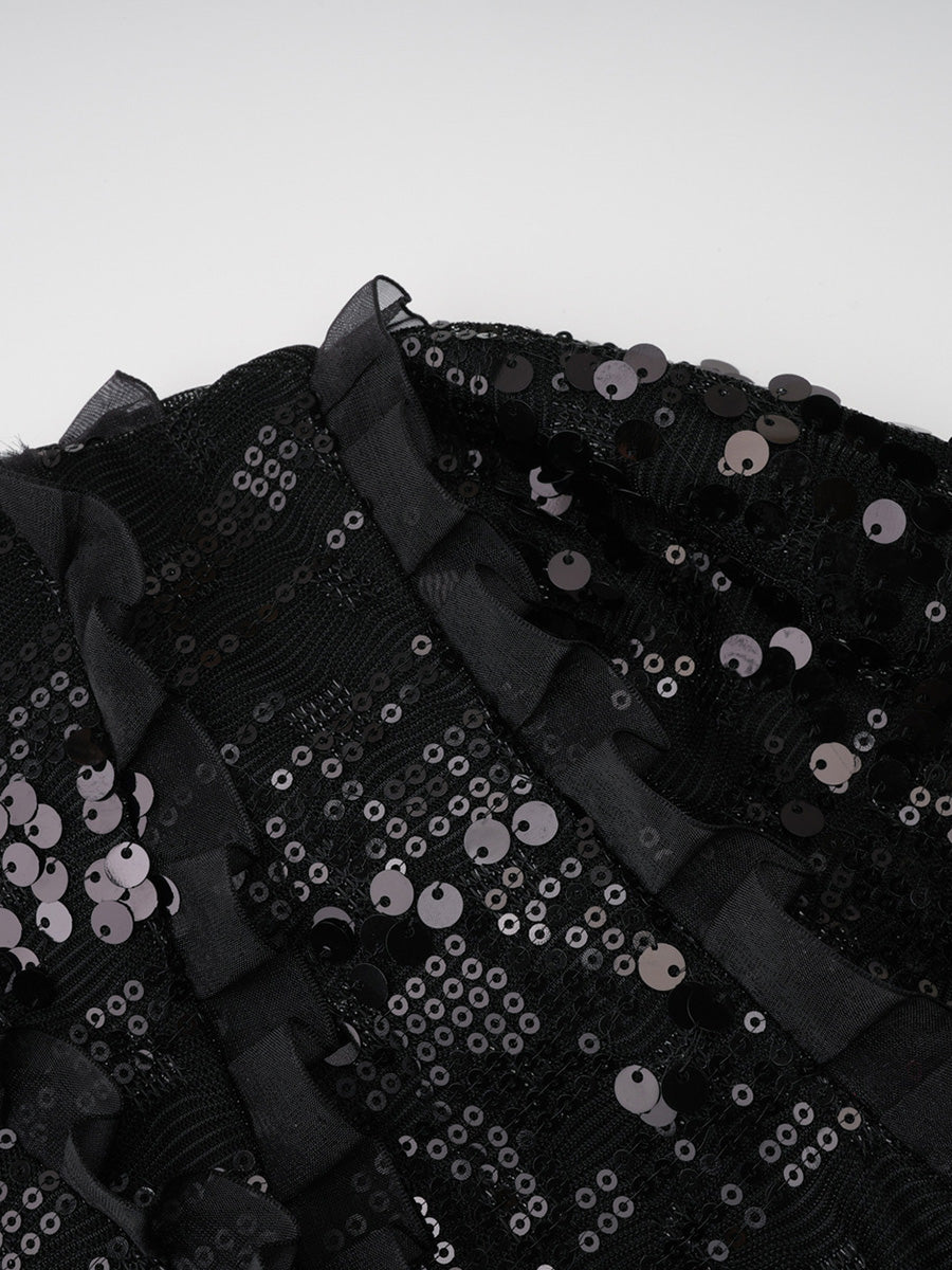 Cicinia A-Line Black Prom Dress Long Sleeves Sequin Elegant Evening Gown