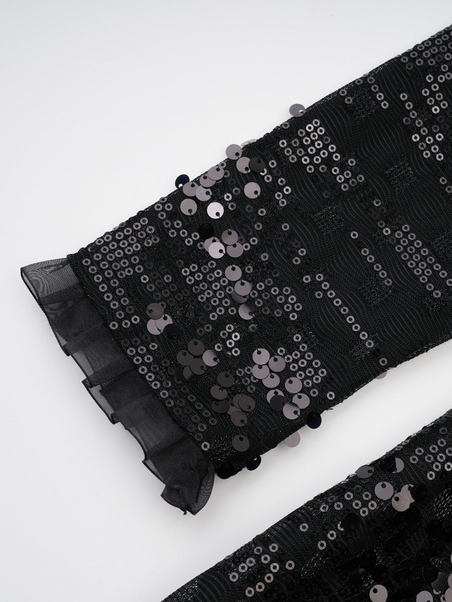 Cicinia A-Line Black Prom Dress Long Sleeves Sequin Elegant Evening Gown