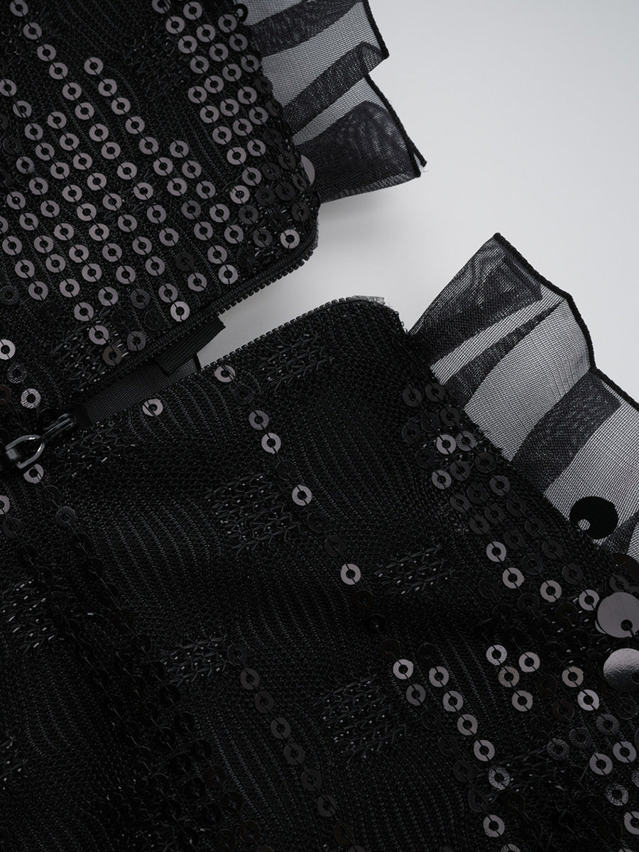 Cicinia A-Line Black Prom Dress Long Sleeves Sequin Elegant Evening Gown