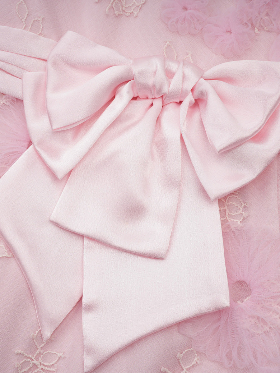 Cicinia Pink Flower Lace Princess Sleeves Prom Dresses With Bowknot