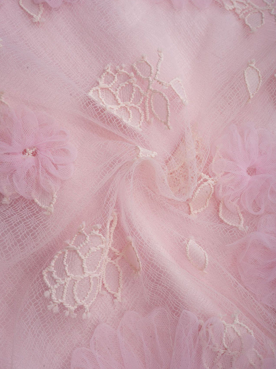 Cicinia Pink Flower Lace Princess Sleeves Prom Dresses With Bowknot