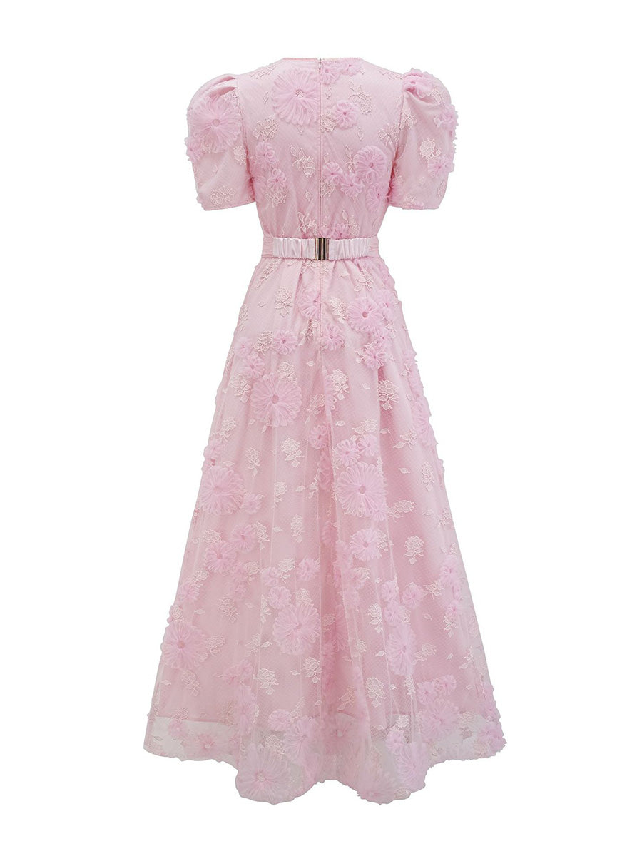 Cicinia Pink Flower Lace Princess Sleeves Prom Dresses With Bowknot