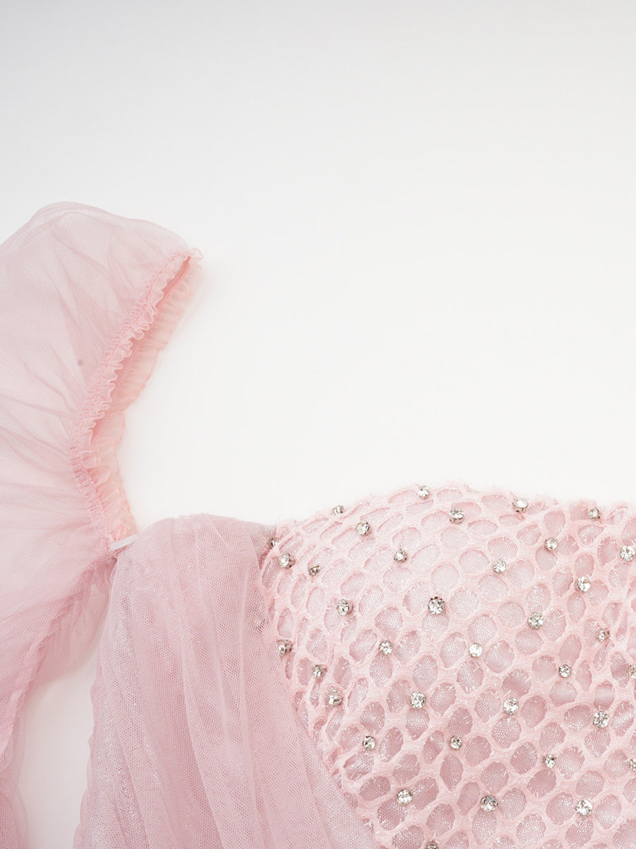 Cicinia Pink Long Sleeves Tulle Prom Dresses With Rhinestone