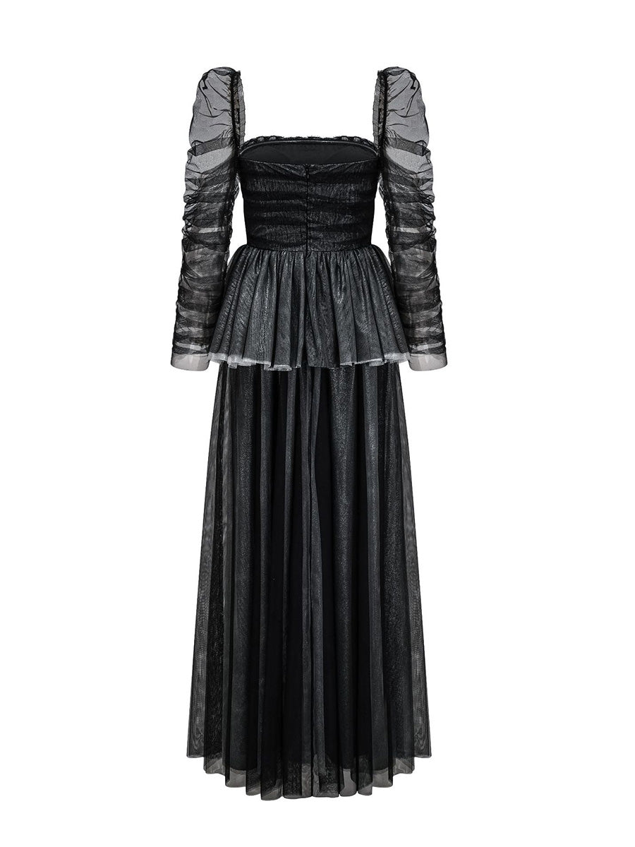 Cicinia Black Long Sleeves Tulle Prom Dresses With Rhinestone