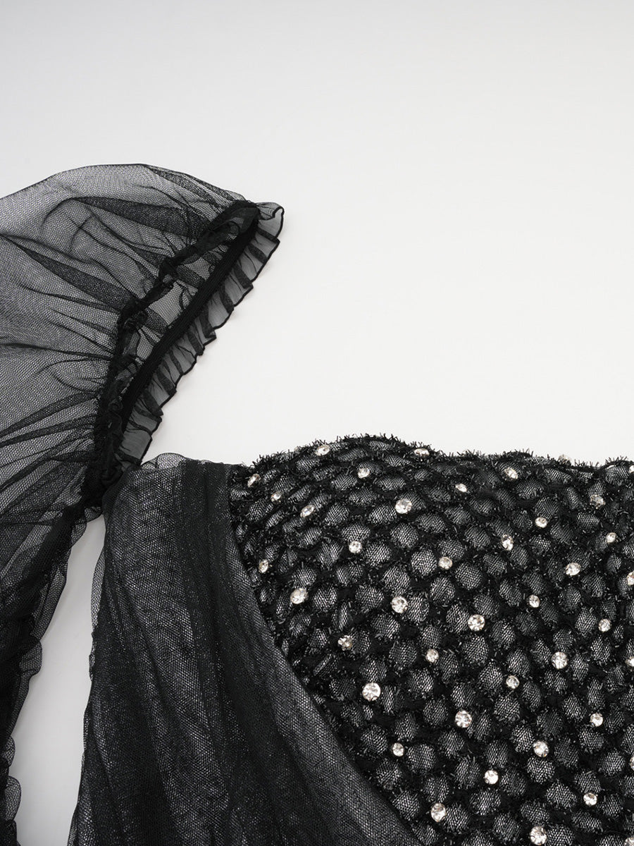 Cicinia Black Long Sleeves Tulle Prom Dresses With Rhinestone