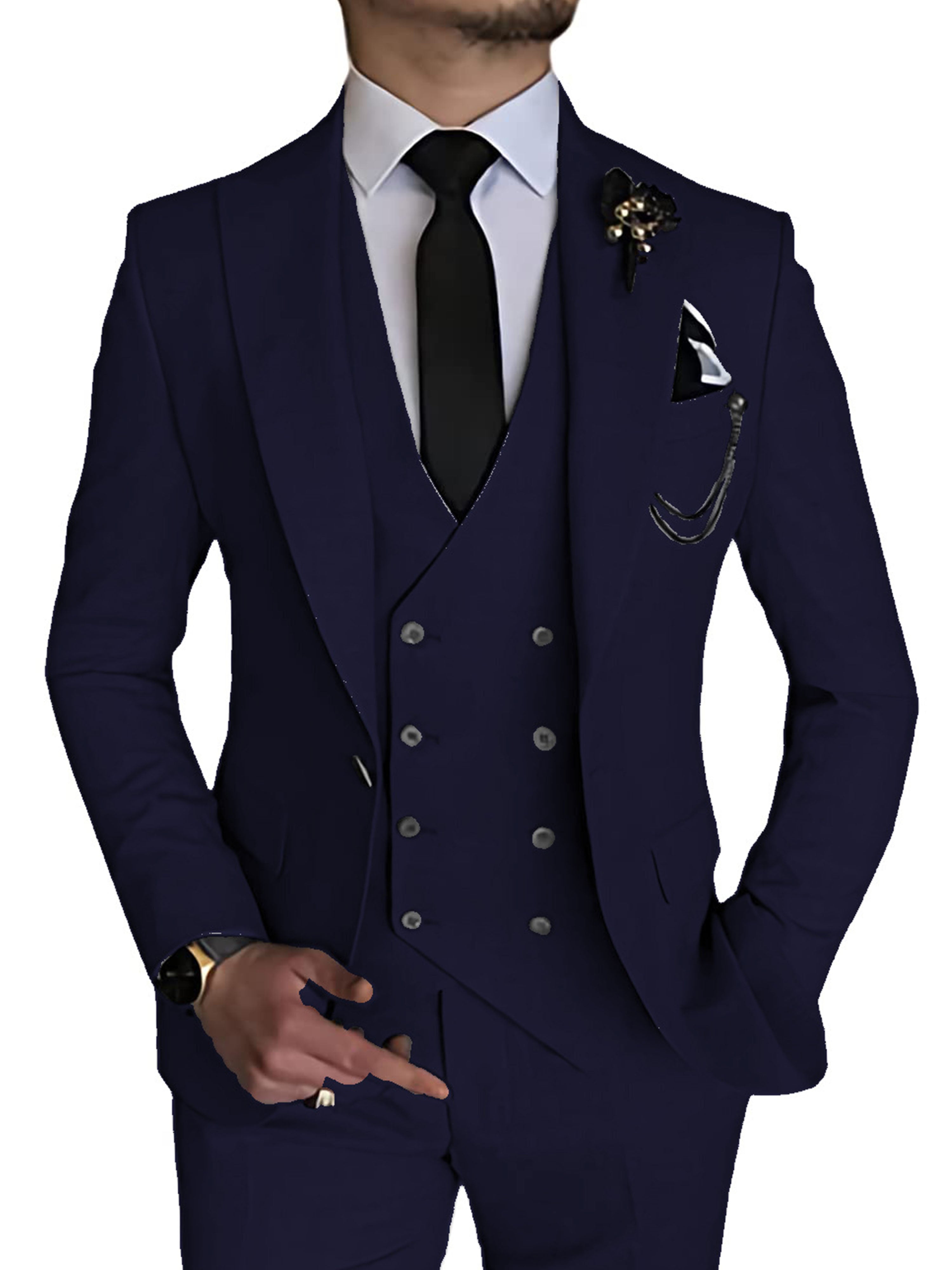 Dark Navy Men's Suits 3 Piece Business Suits Elegant Wedding Suit for Dark Navy Men's Suits 3 Piece Business Suits Elegant Wedding Suit for