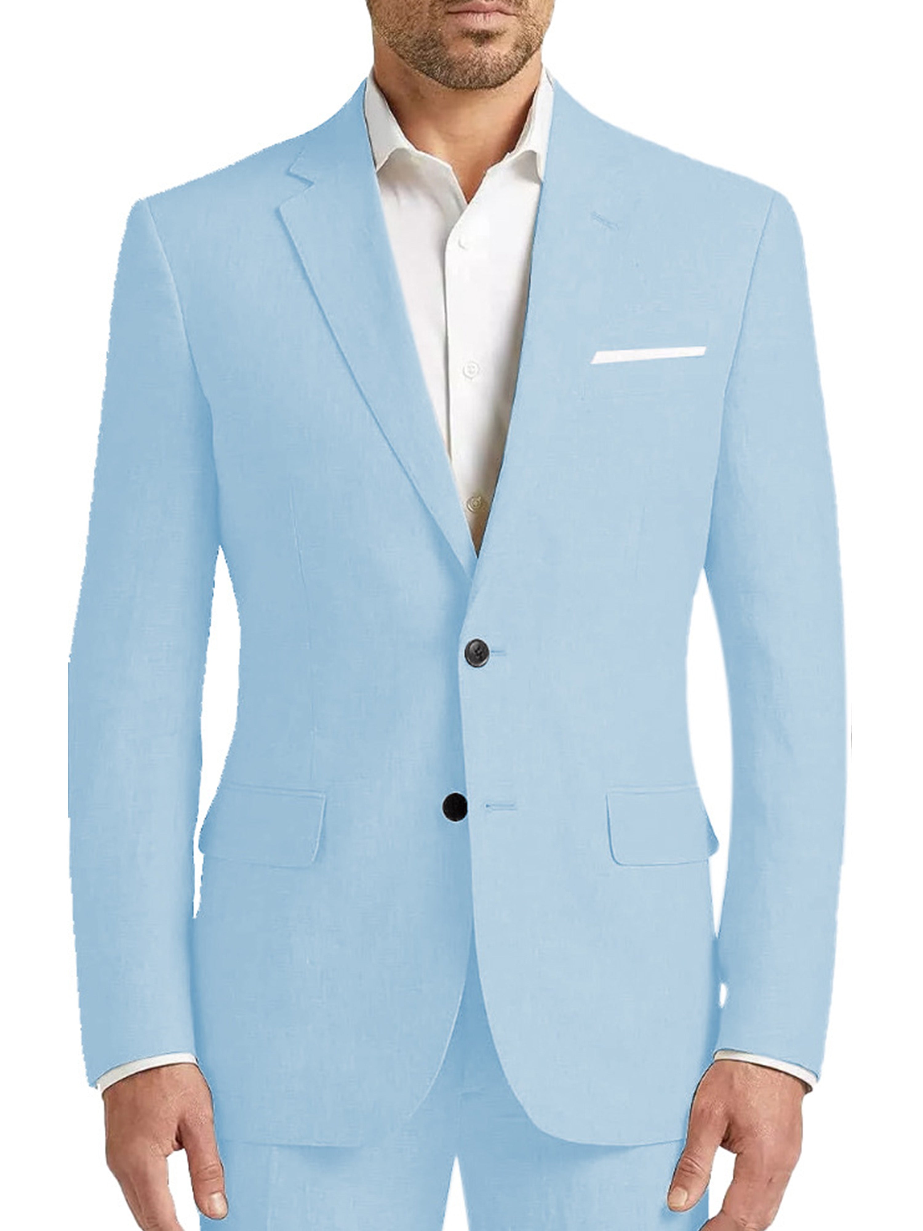 Sky Blue Men's Suits 2 Piece Linen Suit 2 Buttons Slim Fit for Ceremonies and Elegant Business Occasions
