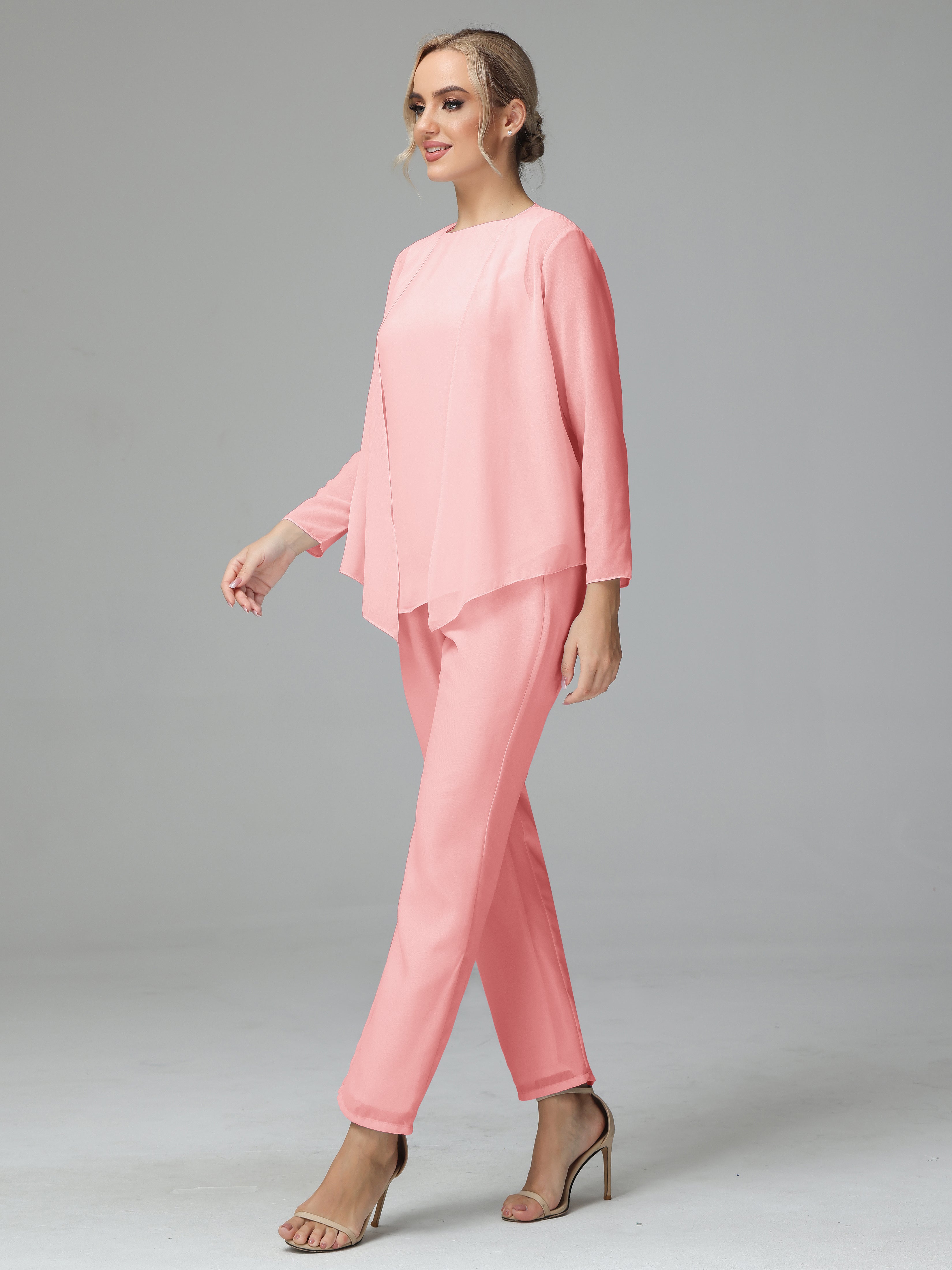 Long Sleeves 3 Pieces Chiffon Mother of Bride Dress Pant Suits