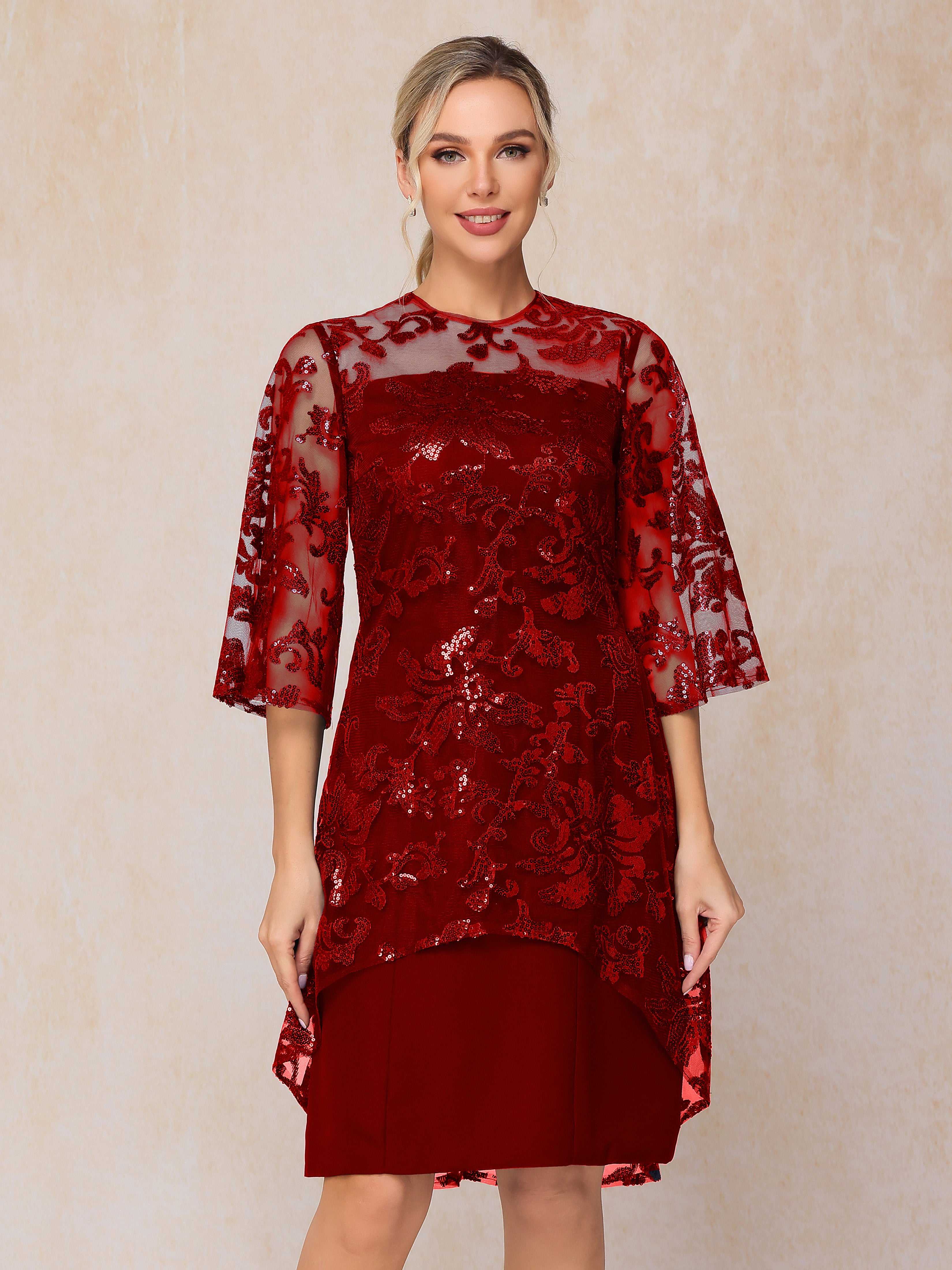 Scoop Illusion Knee Length Chiffon Lace Mother of the Bride Dress With Sequins