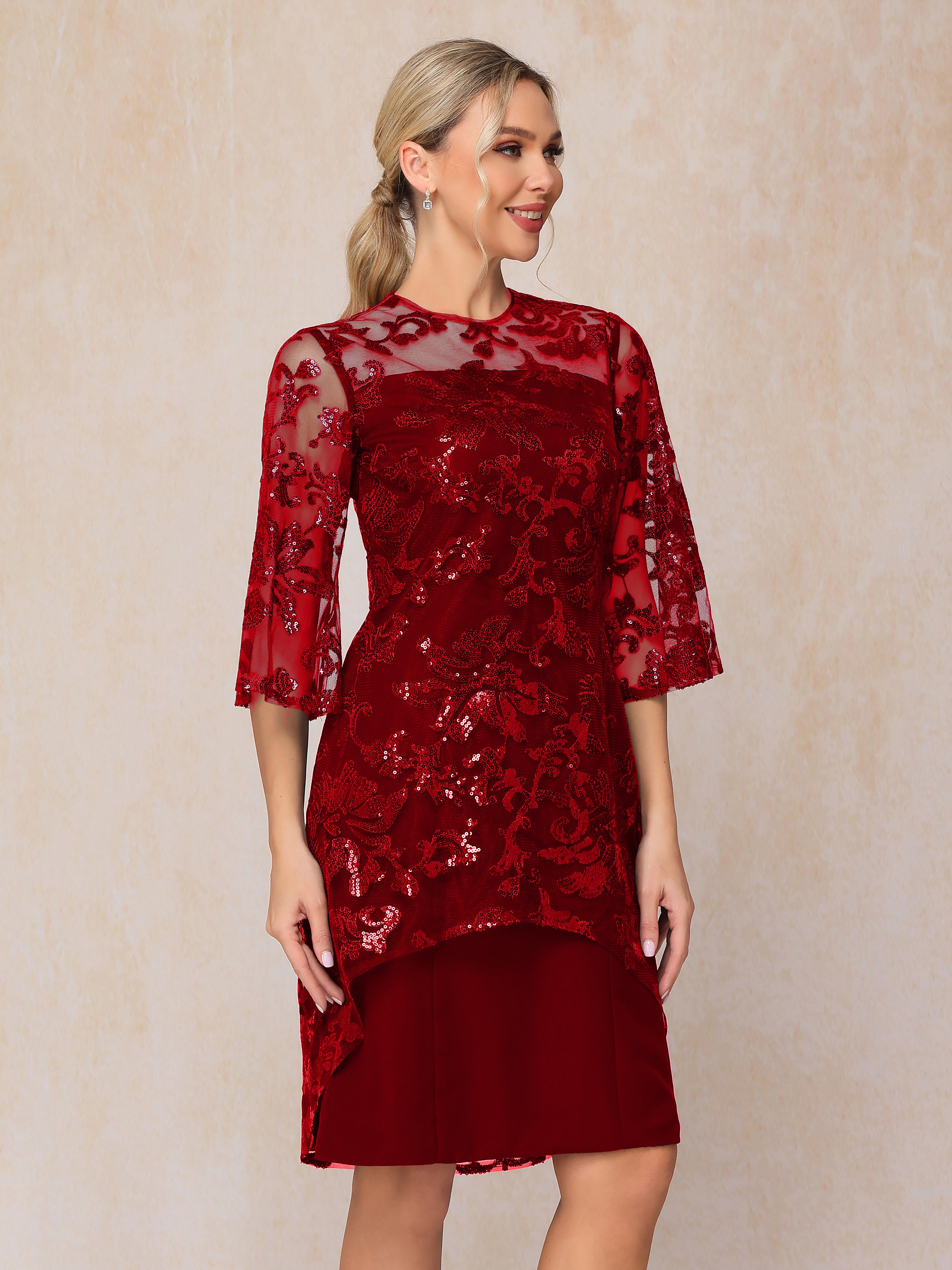 Scoop Illusion Knee Length Chiffon Lace Mother of the Bride Dress With Sequins
