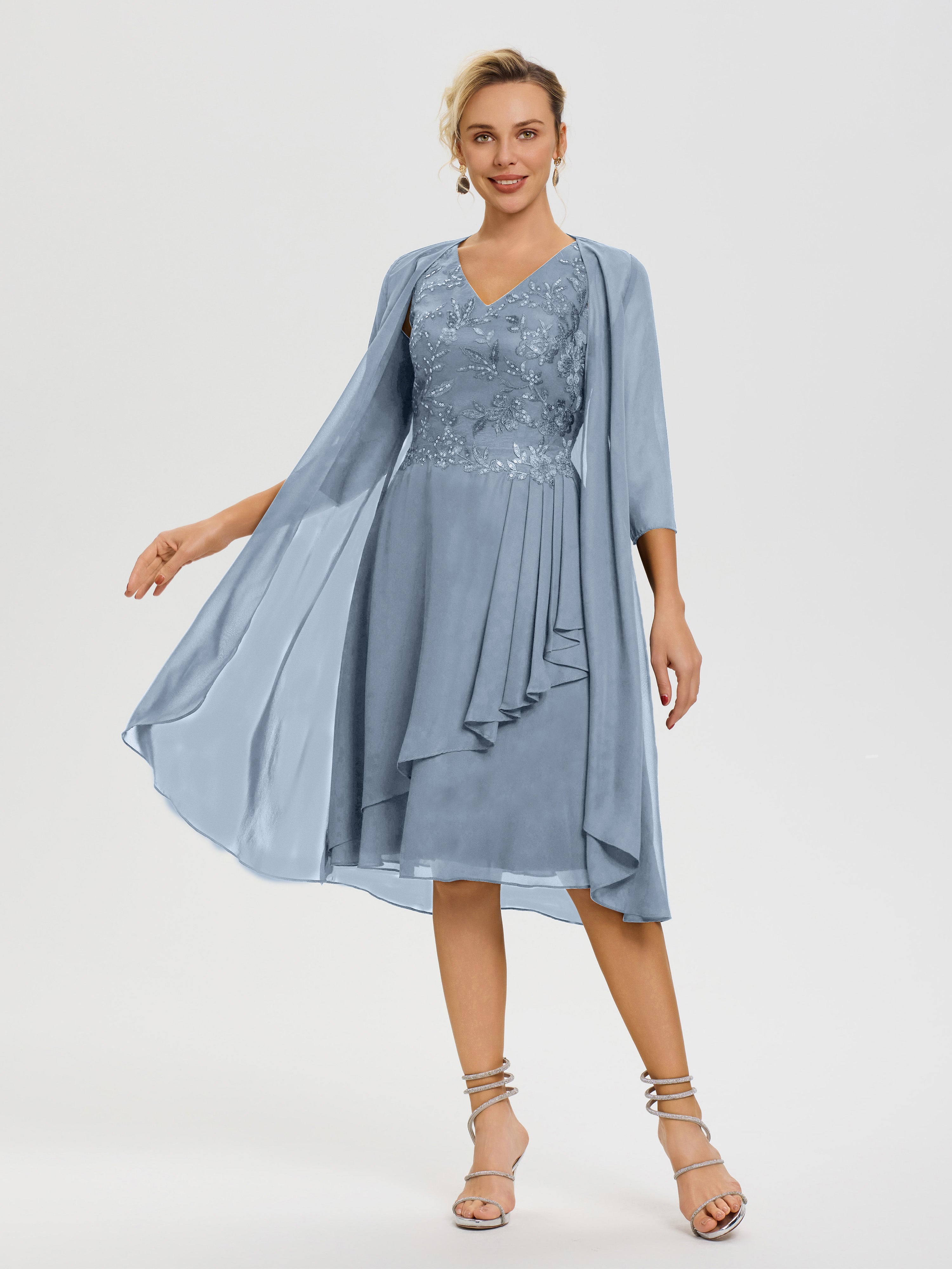 Dusty Blue Mother Of The Bride Dresses 2 Pieces A Line V Neck Applique