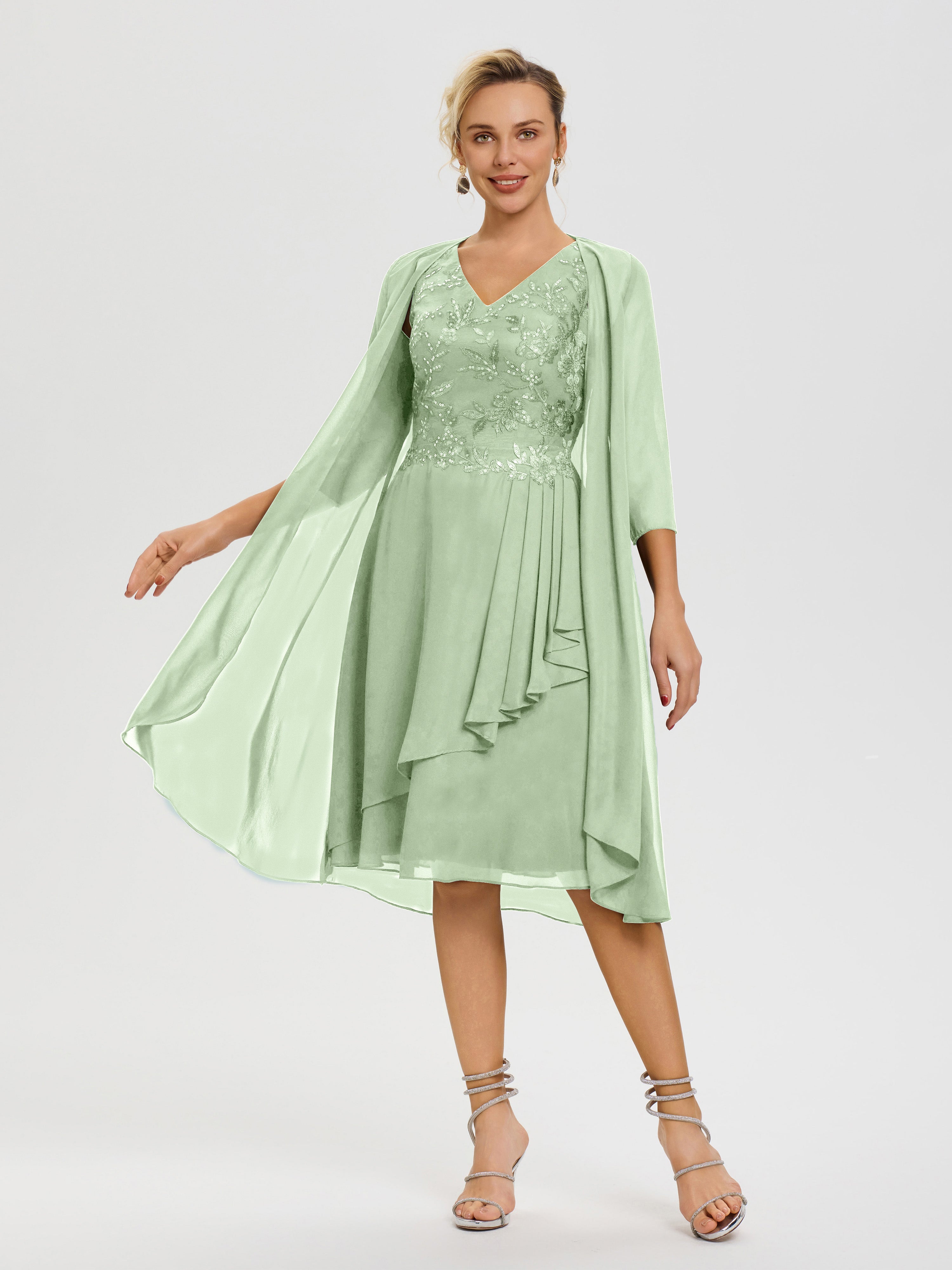 Cicinia Dusty Sage Mother Of The Bride Dress With Sleeves Long Chiffon Lace V-neck A-line Asymmetrical Hemline