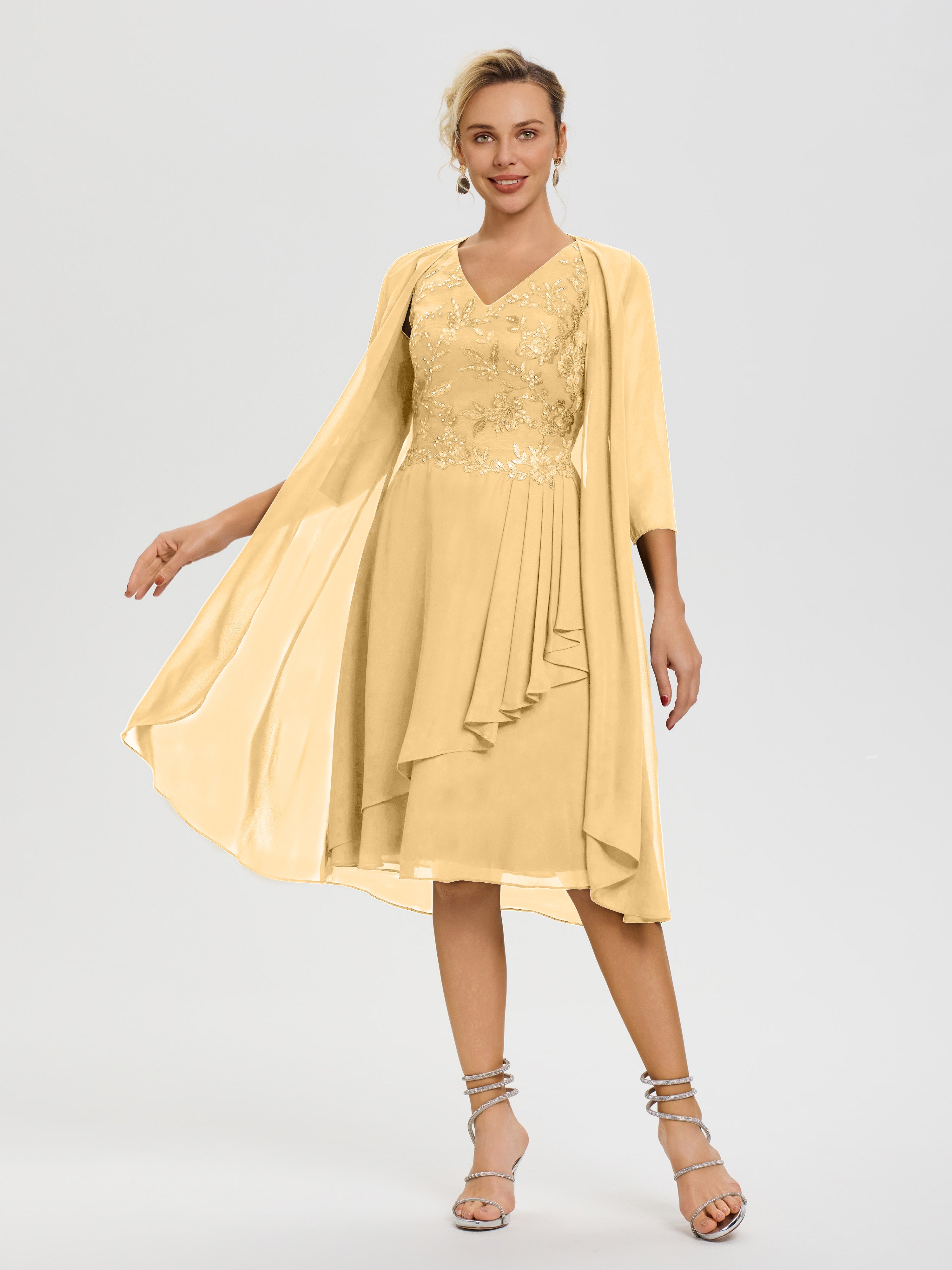Mother Of The Bride Gold Gown 2 Pieces A Line V Neck Appliqued Knee Le