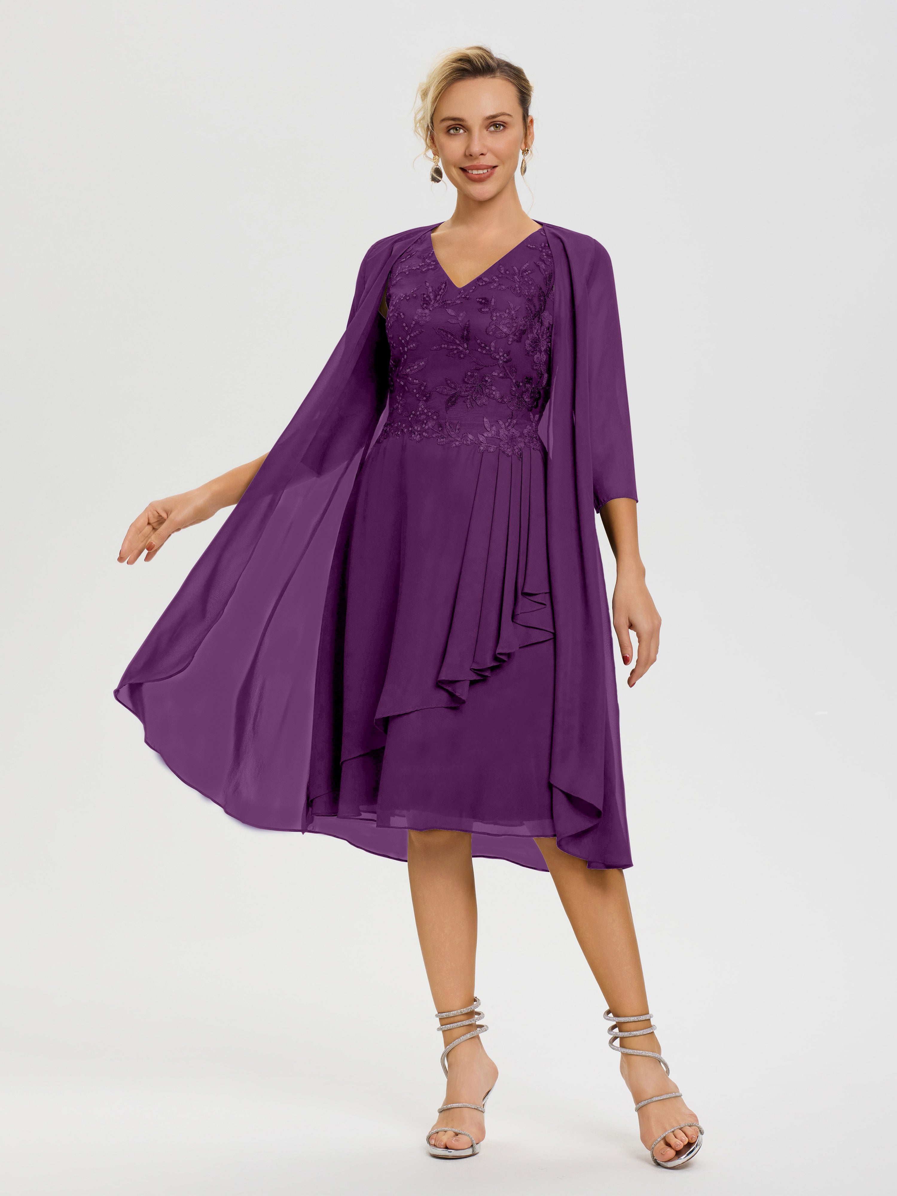 Mother Of The Bride Dress Grape Cap Sleeves V-Neck Sheath Long Mother Of The Bride Dresses