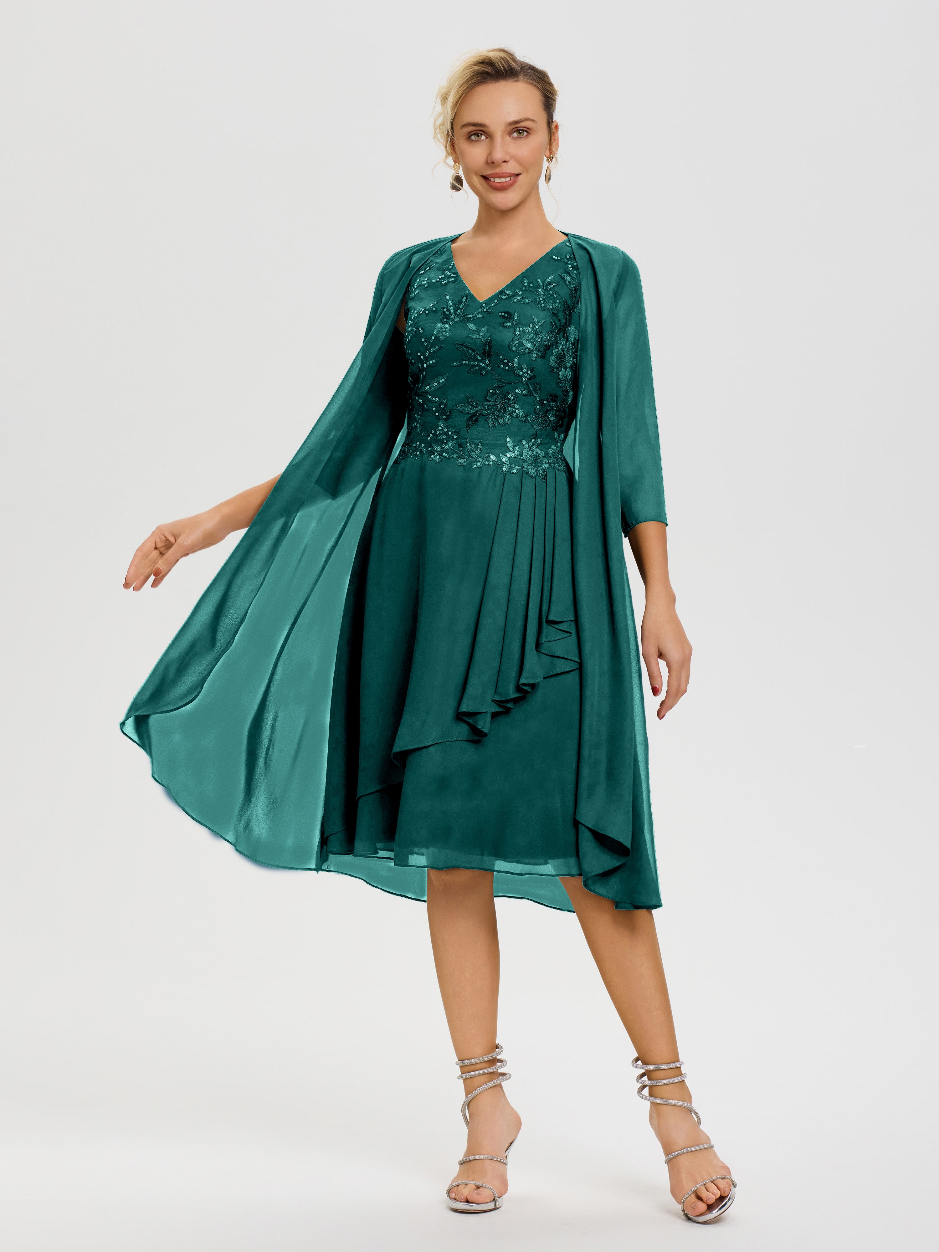 Cicinia Peacock Mother Of The Groom Dress Long Lace Chiffon A-line Tea Length Cap Sleeves Chic