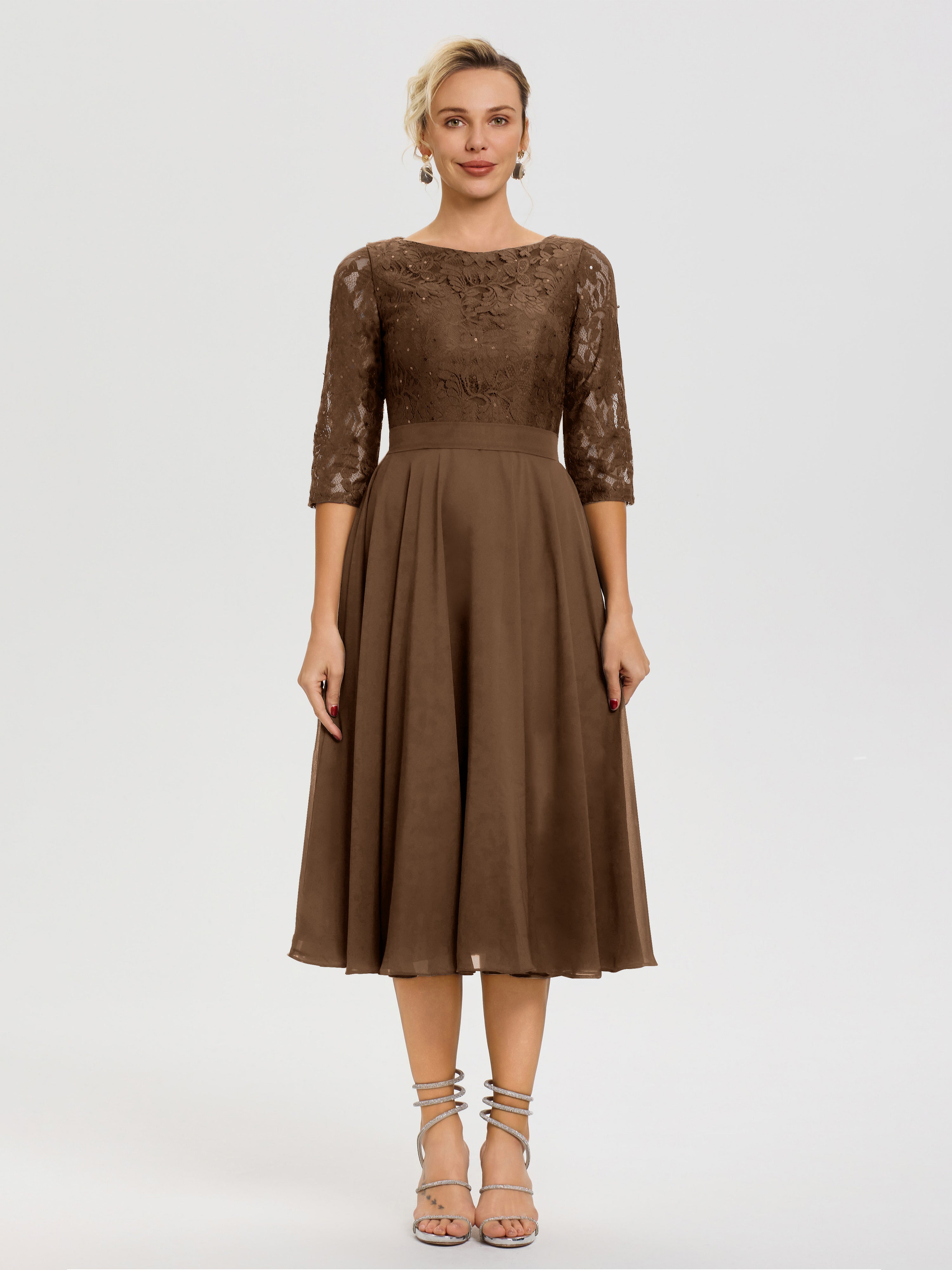 Brown Mother Of The Bride Dresses A Line Lace Top Tea Length Chiffon M