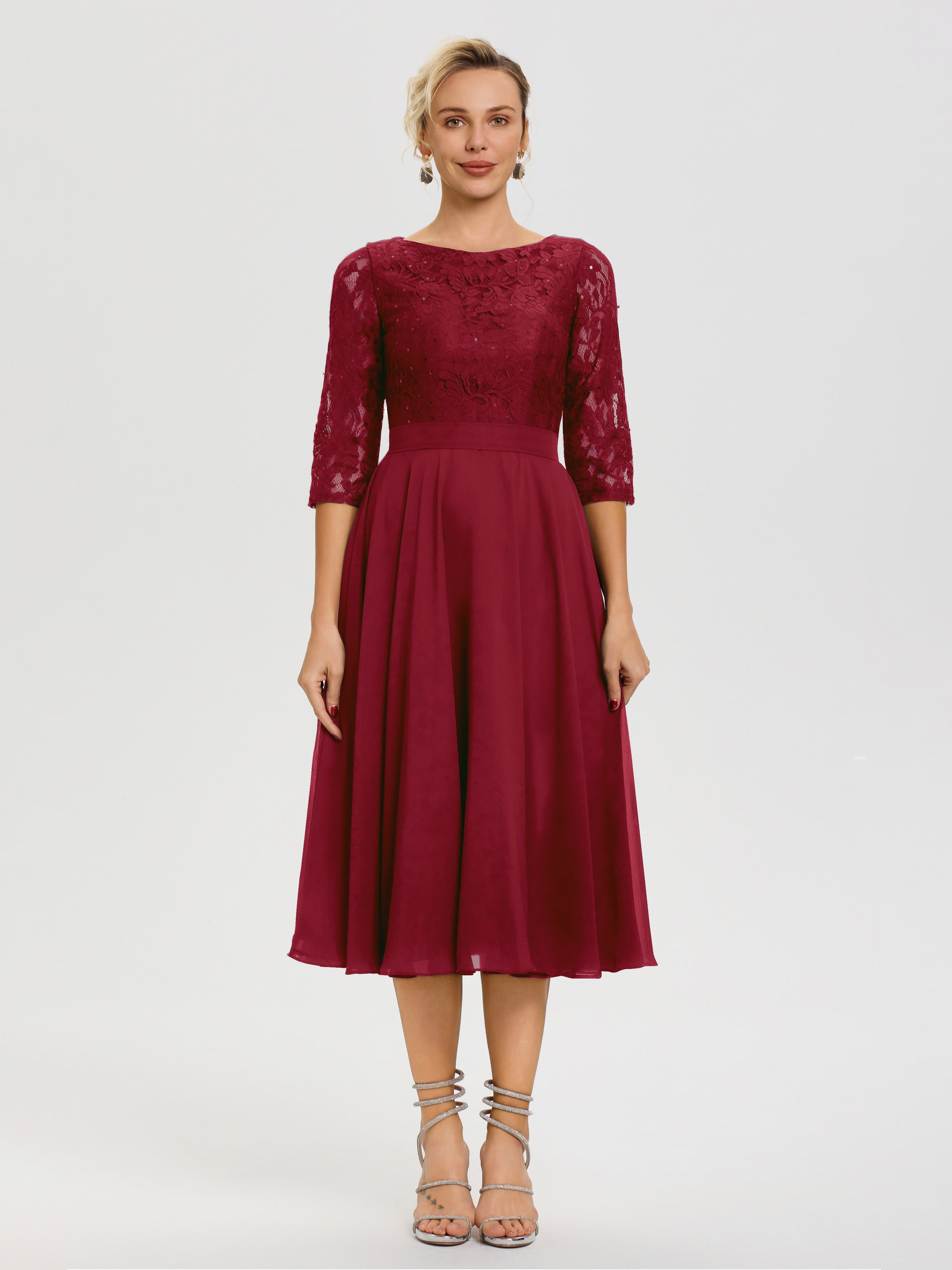 Burgundy Mother Of The Bride Dress A Line Lace Top Tea Length Chiffon Burgundy Mother Of The Bride Dress A Line Lace Top Tea Length Chiffon