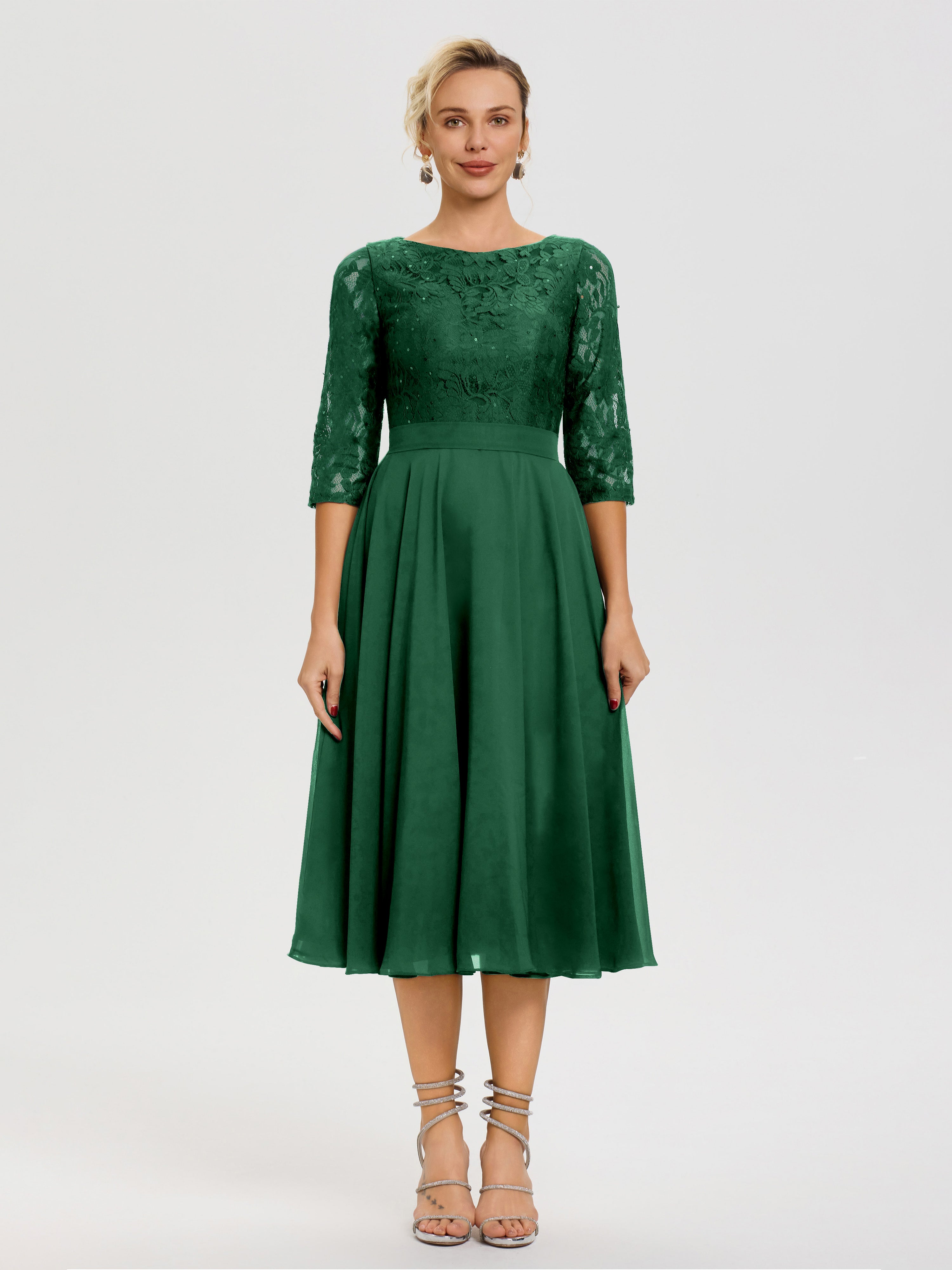 Dark Green Mother Of The Bride Dress A Line Lace Top Tea Length Chiffo