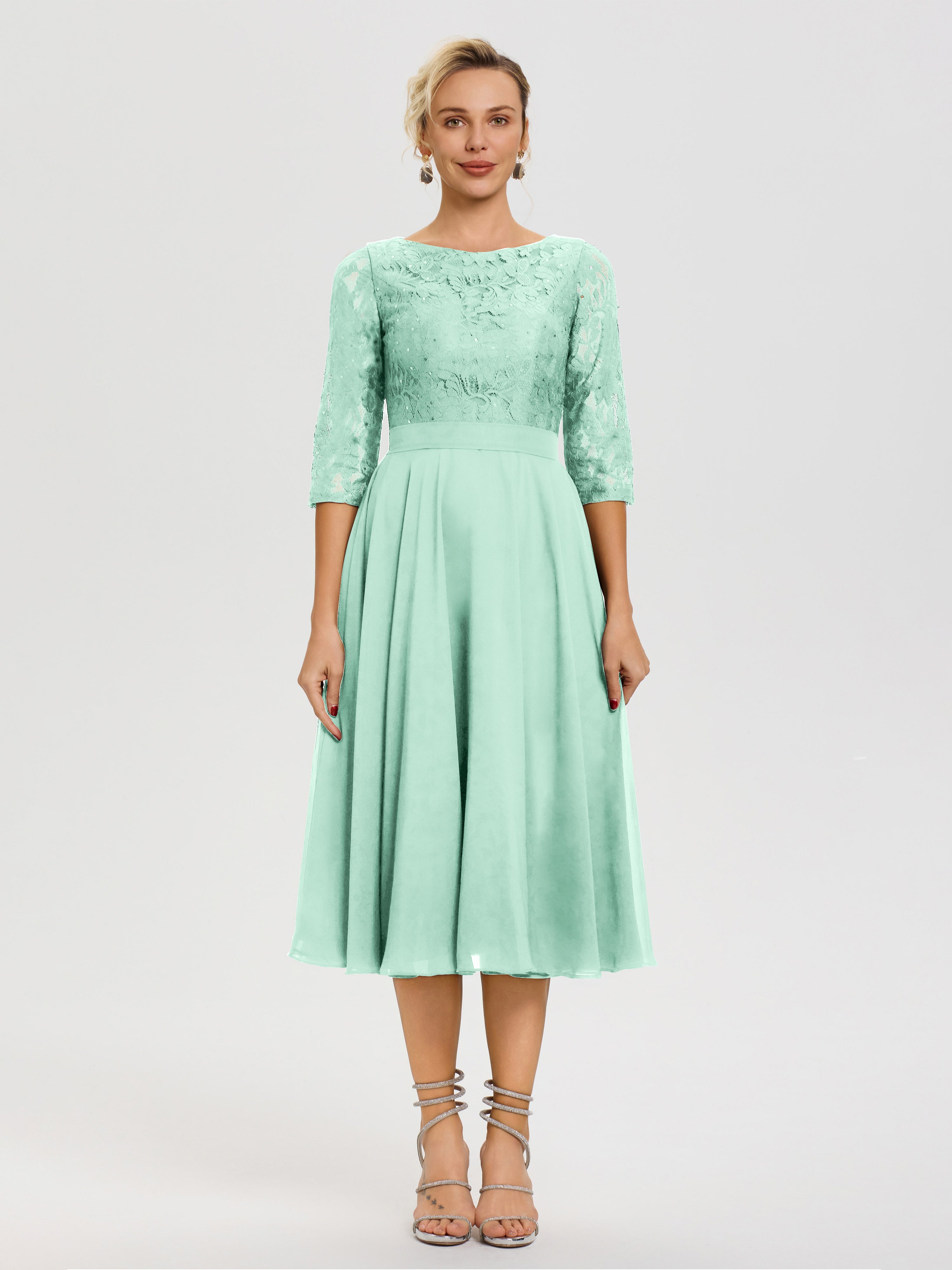 Mint Green Tea Length Dress Uk Modest A-line Scoop 3/4 Sleeves Tea-Length Chiffon Mint Green Tea Length Dress Uk Modest A-line Scoop 3/4 Sleeves Tea-Length Chiffon