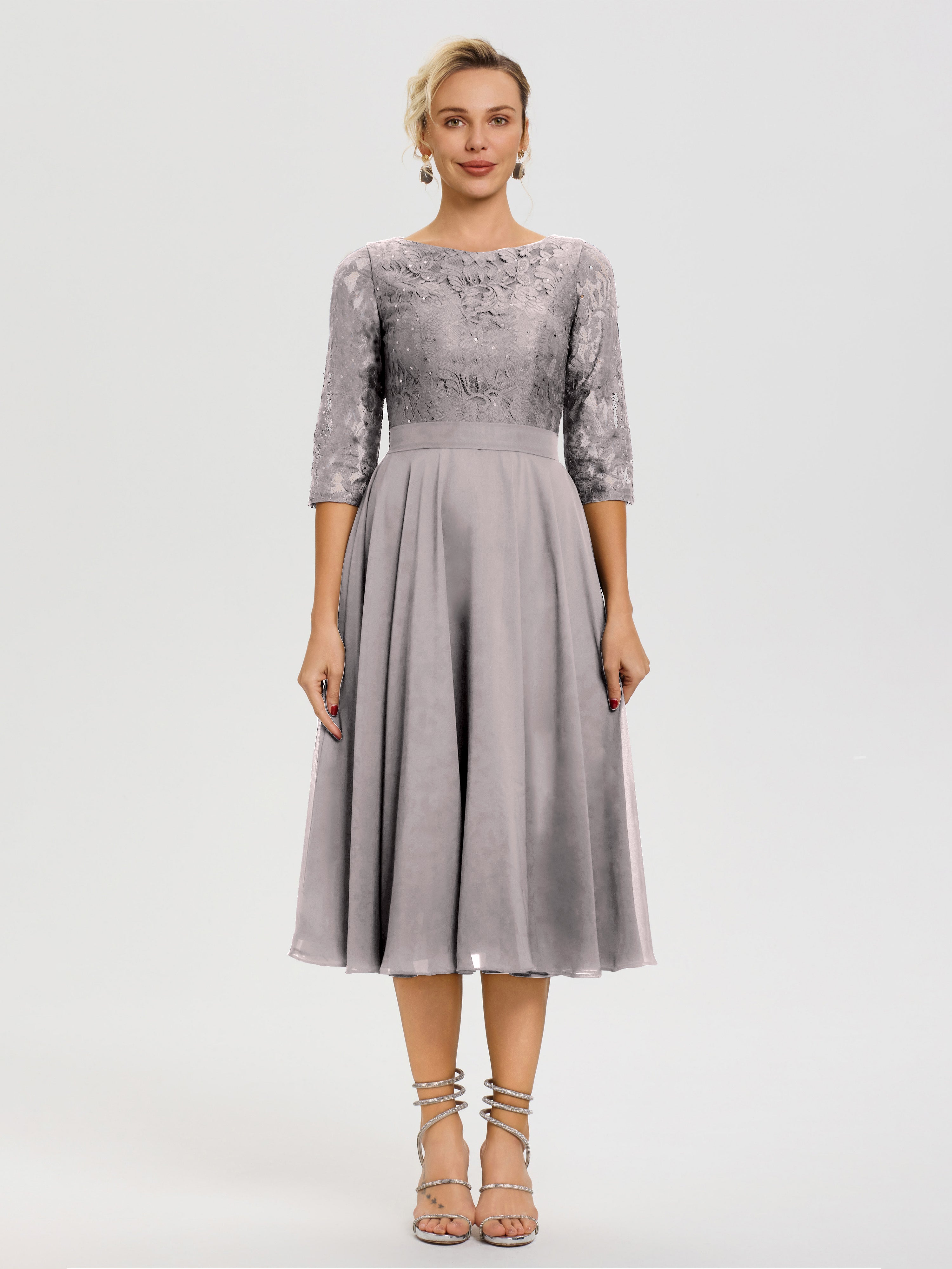 Silver Mother Of The Bride Dresses A Line Lace Top Tea Length Chiffon