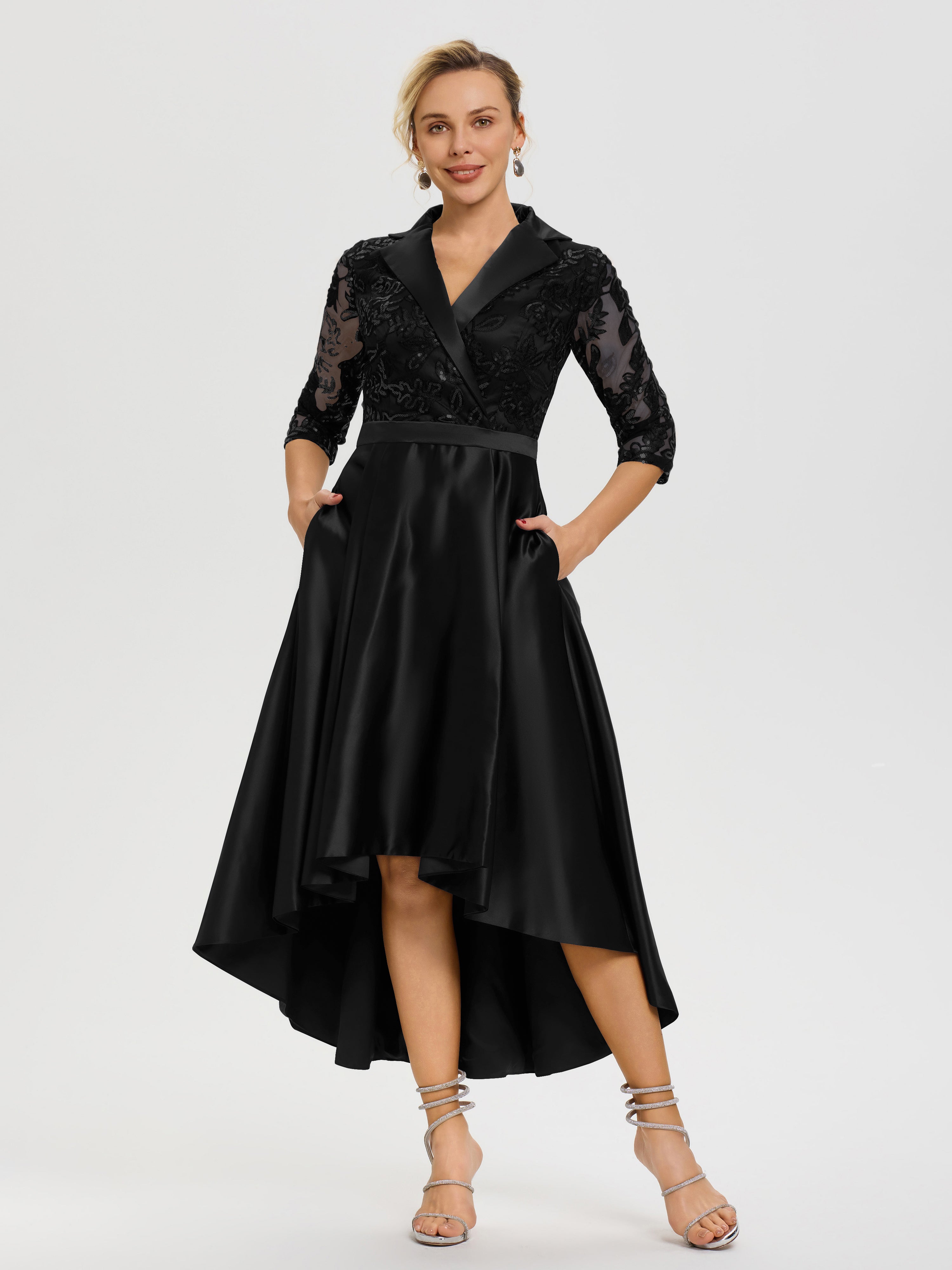 Mother Of Bride Black Dress Sleeves V-Neck Lace High-Low Satin Mother
