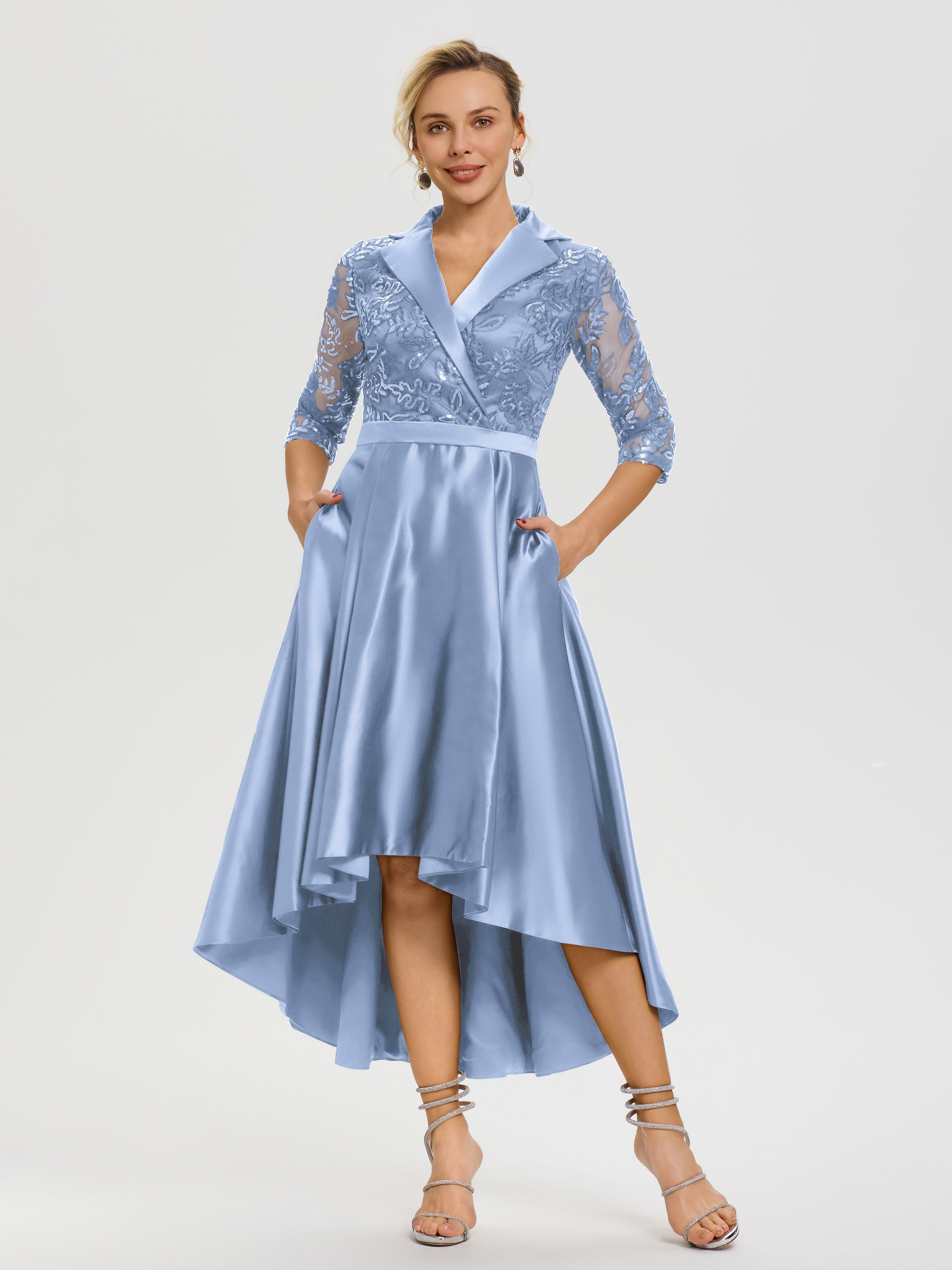 Light Blue Mother Of The Bride Dress Sleeves V-Neck Lace High-Low Sati