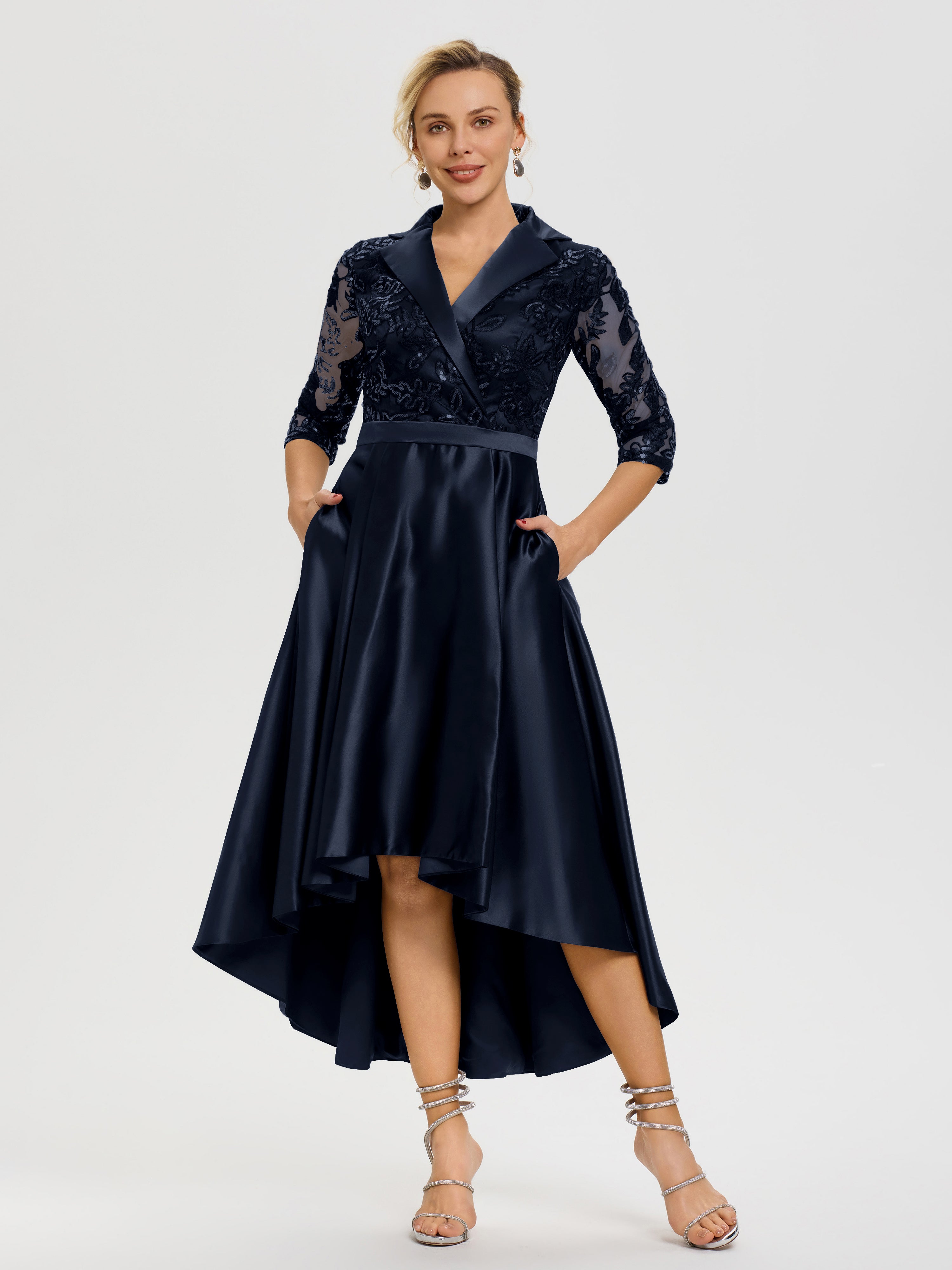 Mother Of The Groom Navy Blue Dresses Sleeves V-Neck Lace High-Low Sat