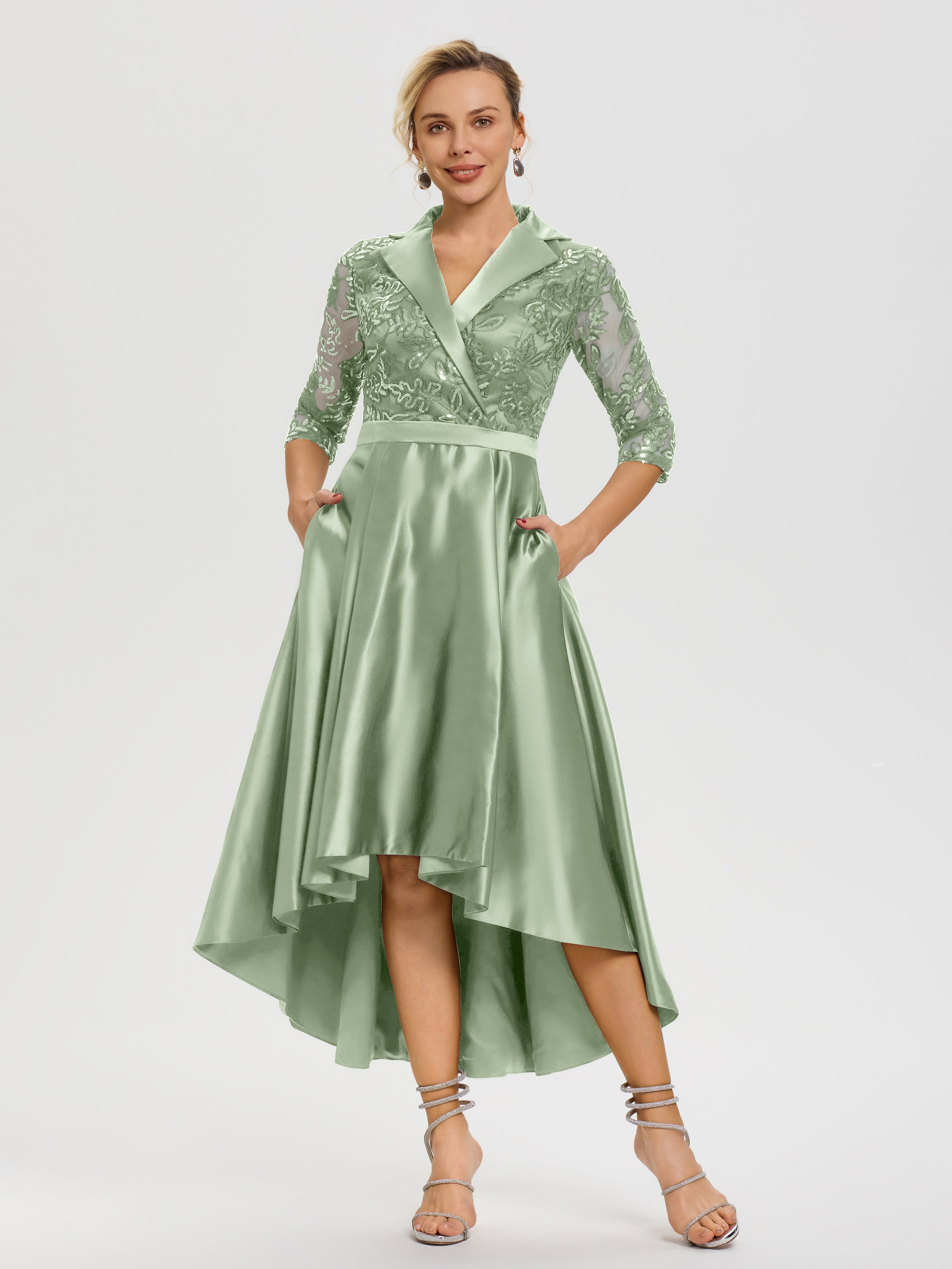 Cicinia Dusty Sage Mother Of The Groom Dress Long Chiffon Lace A-line High Low Hemline Layered