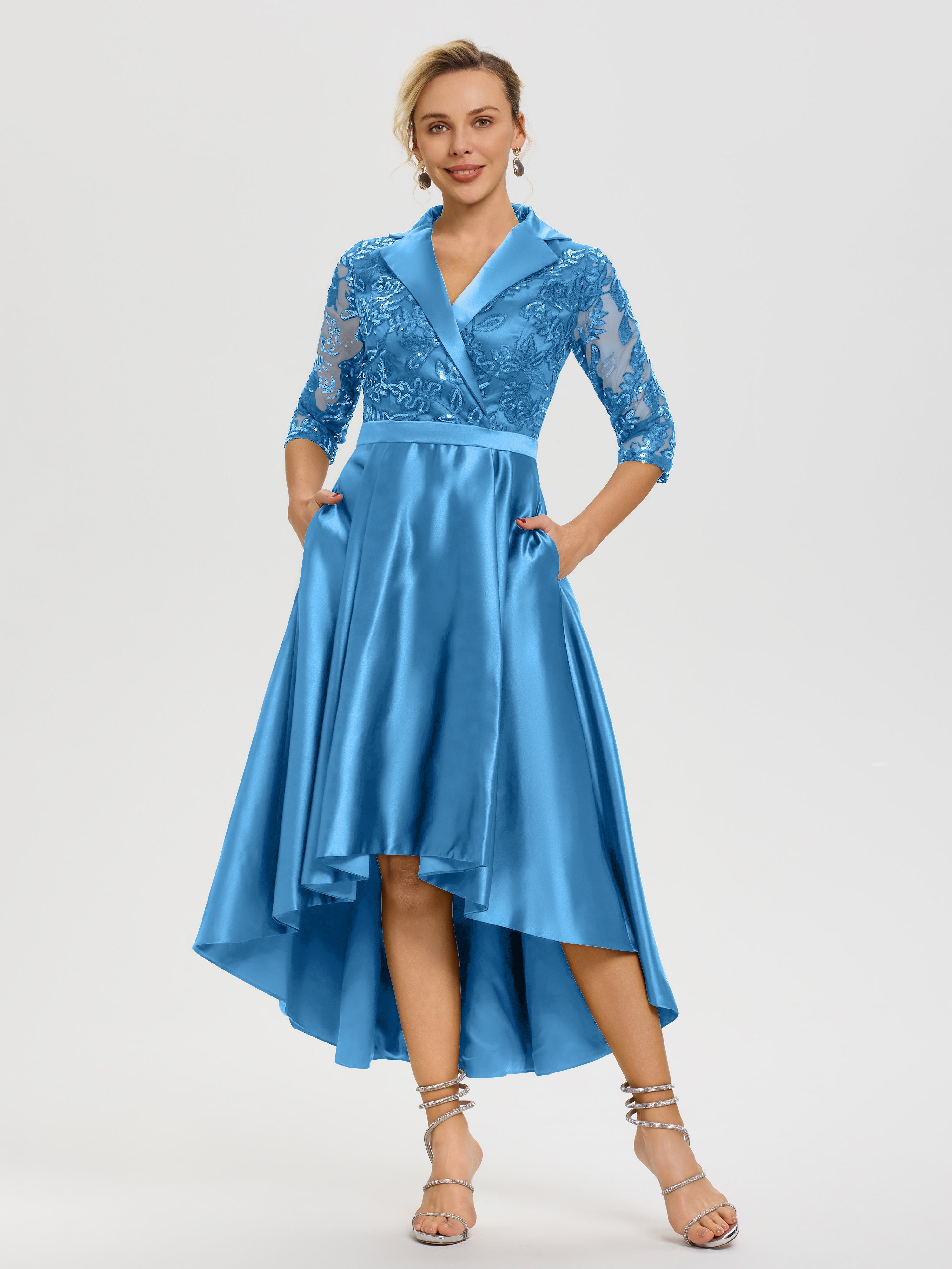 2022 Hot Bateau Dark Royal Blue Mother Of The Bride Dresses 3/4 Length Sleeve With Applique Satin main image 1