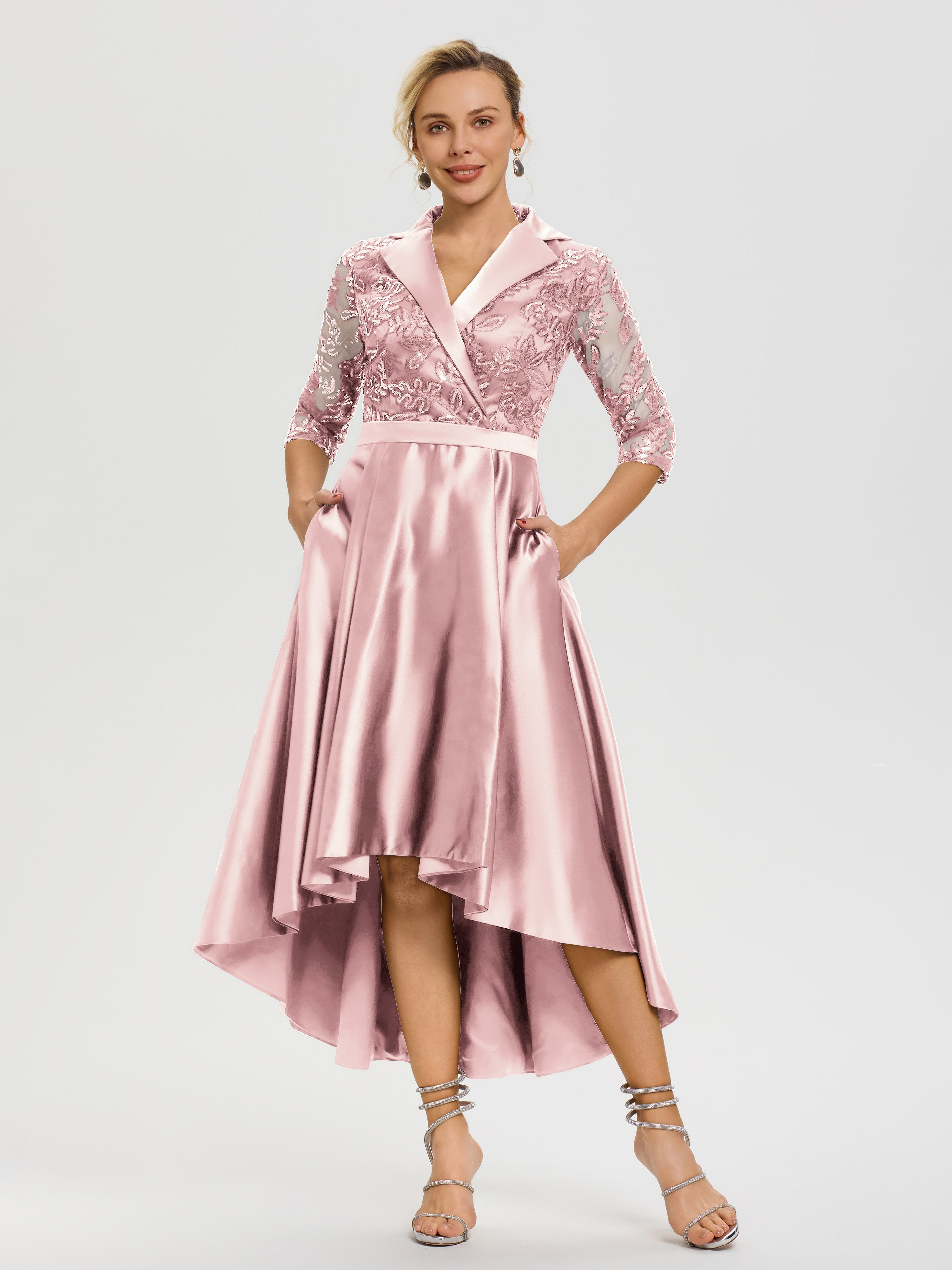Pearl Pink Mother Of The Bride Dress Sleeves V-Neck Lace High-Low Sati Pearl Pink Mother Of The Bride Dress Sleeves V-Neck Lace High-Low Sati