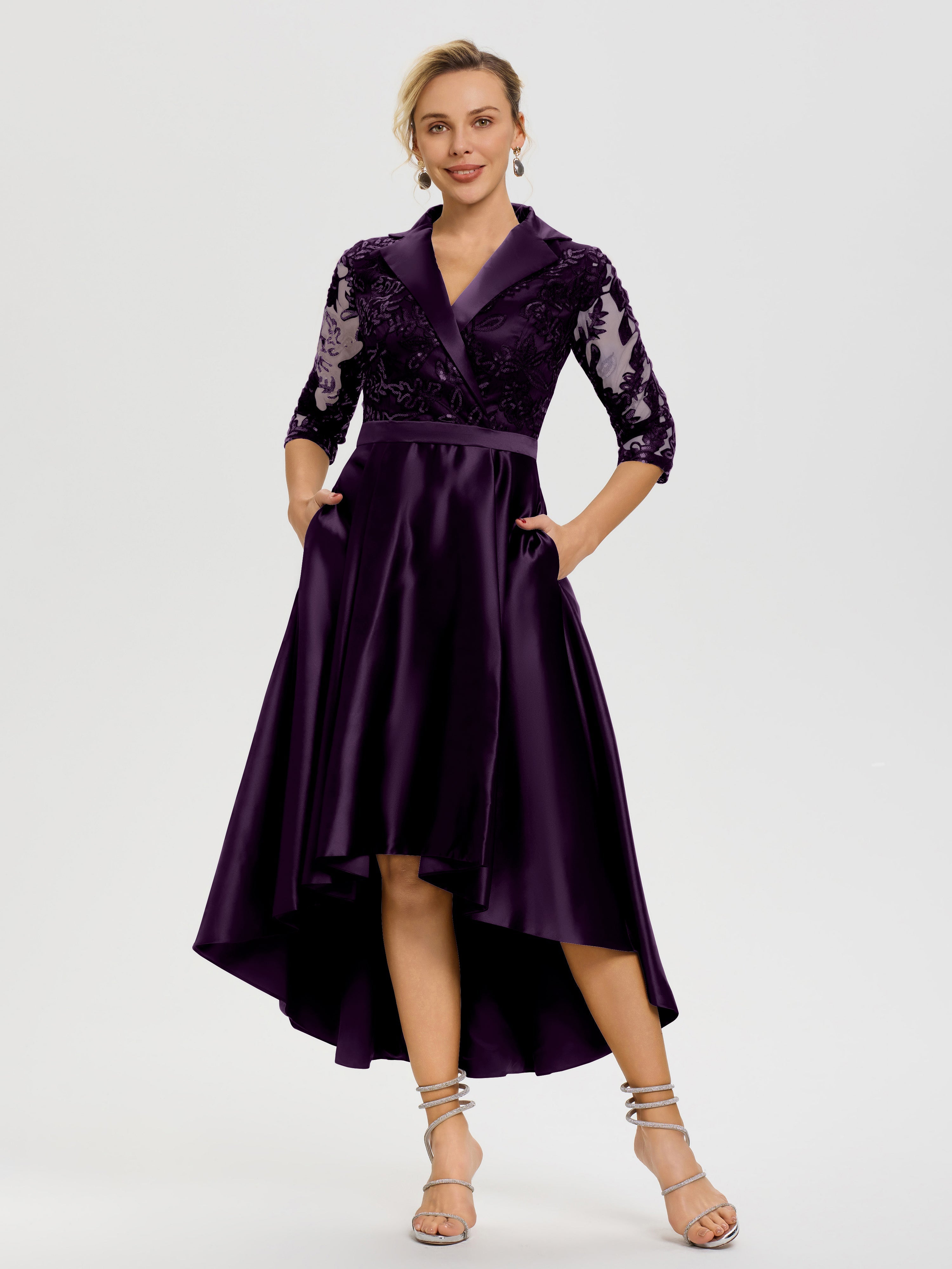 purple mother of the bride dresses tea length Mother Of The Bride Dresses Plum Color Sleeves V-Neck Lace High-Low Sa