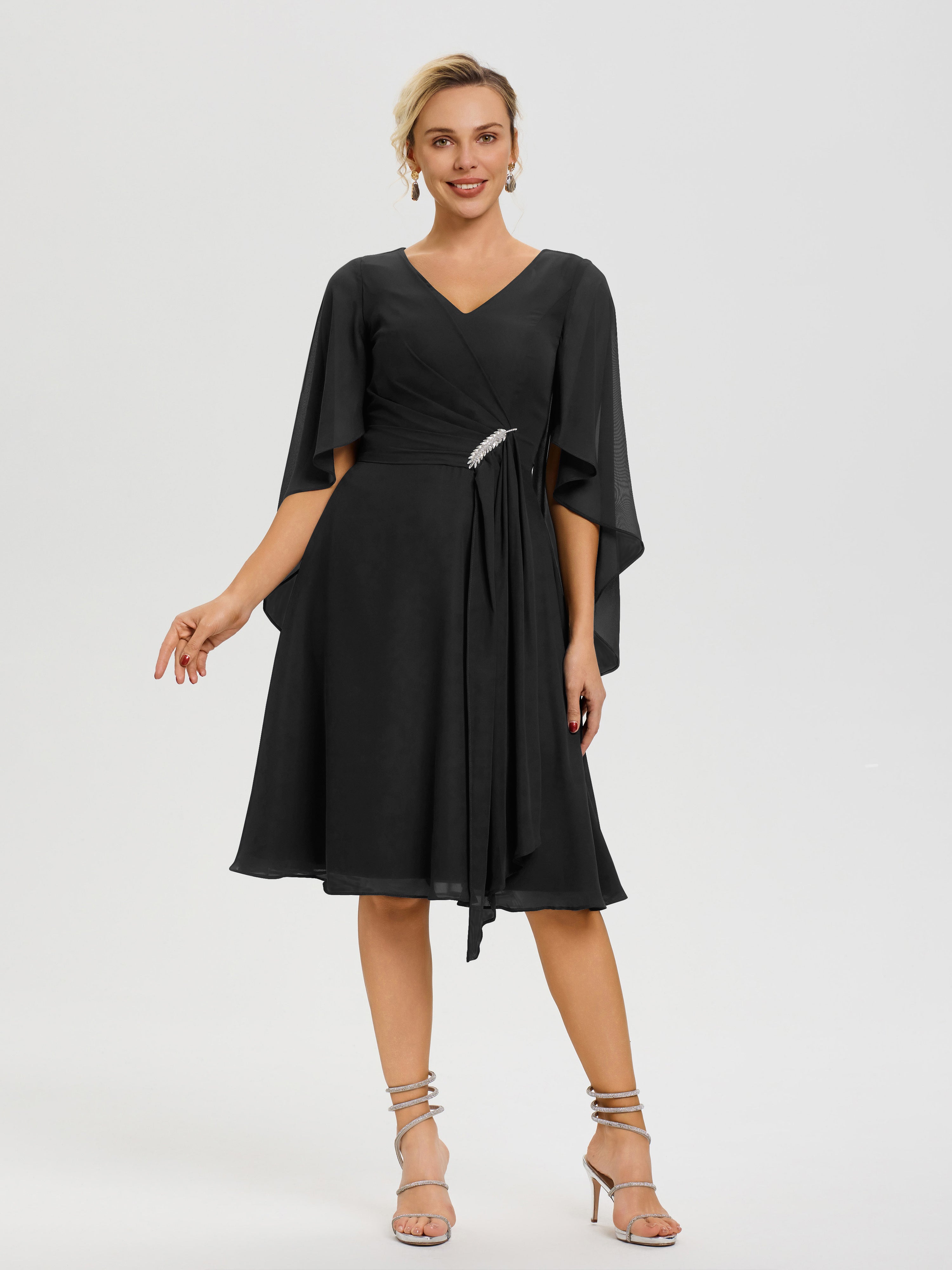 Mother Of The Bride Black Dress Elegant V Neck Ruffle Sleeves Back Zip