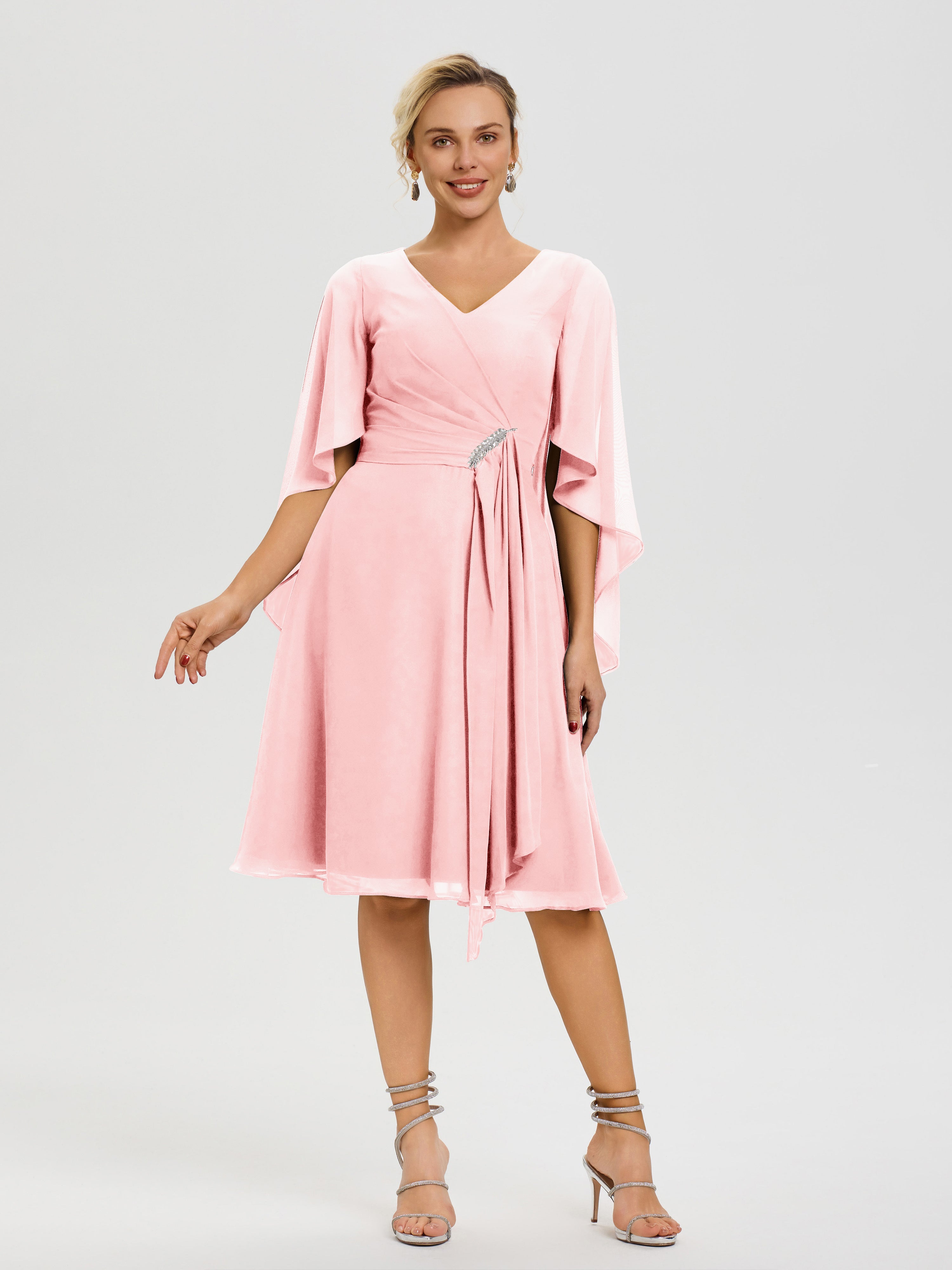 Blush Pink Mother Of The Bride Dress Elegant V Neck Ruffle Sleeves Bac