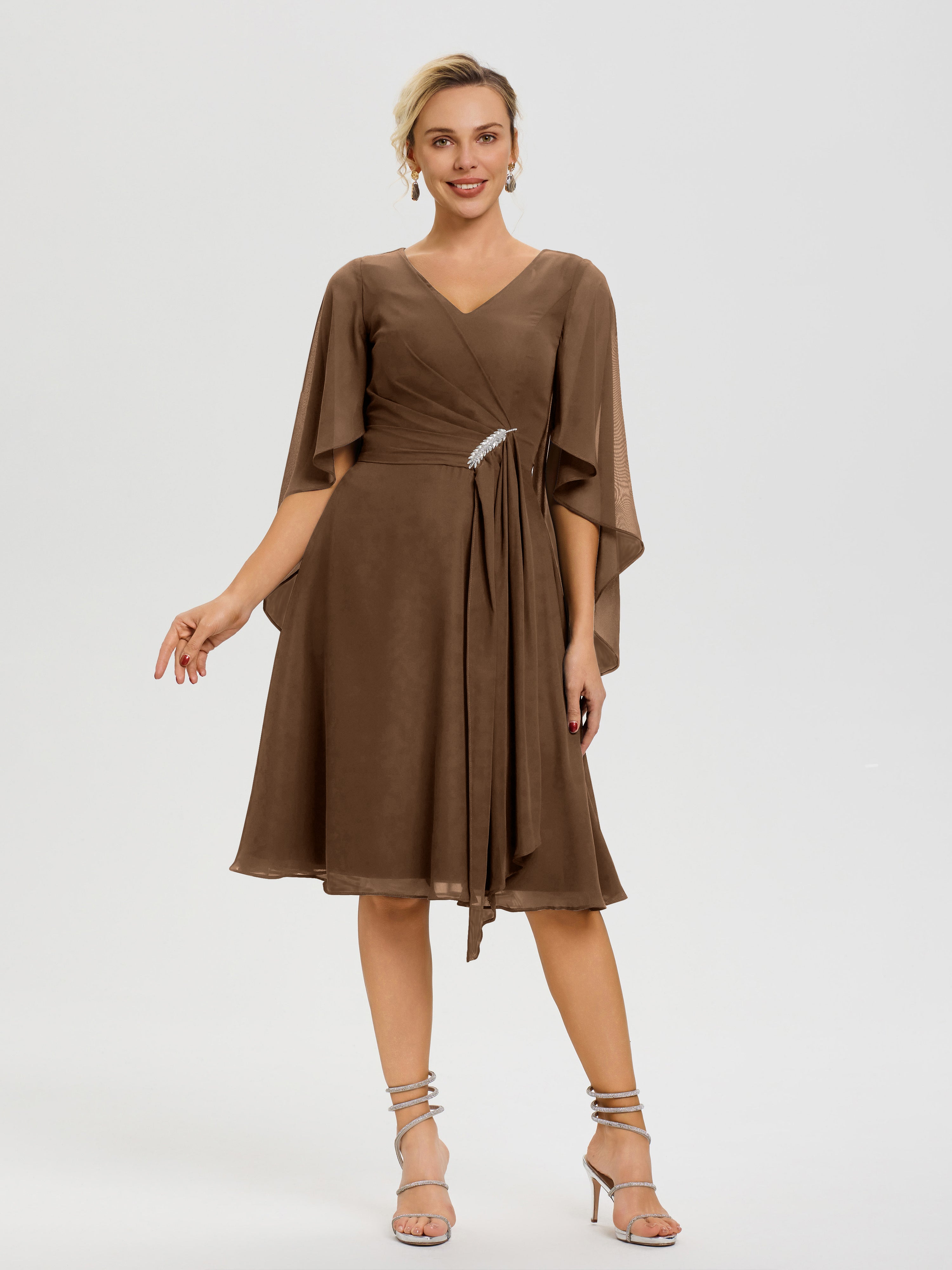 Brown Mother Of The Bride Dress Elegant V Neck Ruffle Sleeves Back Zip