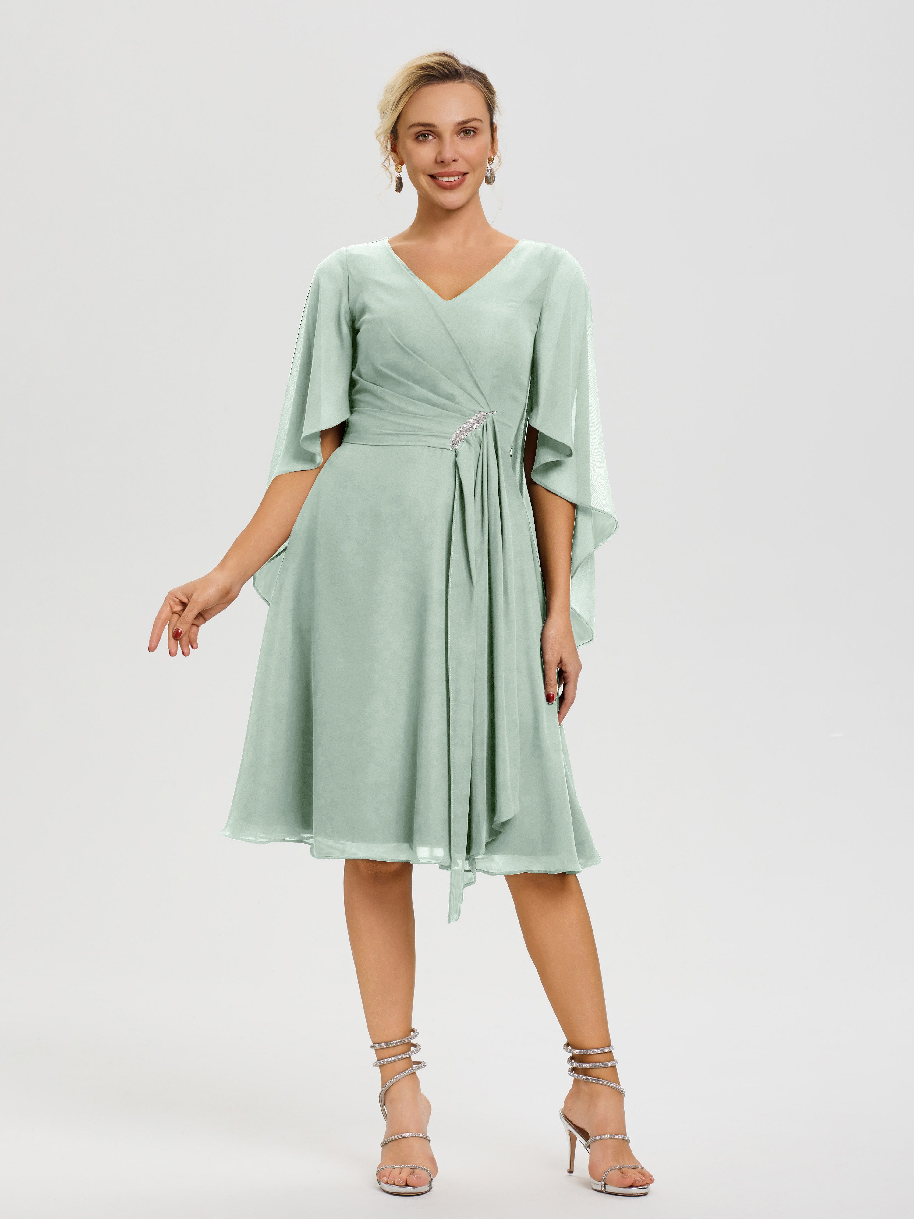 Celadon Mother Of Bride Dresses Elegant V Neck Ruffle Sleeves Back Zip celadon-mother-of-bride-dresses-elegant-v-neck-ruffle-sleeves-back-zip
